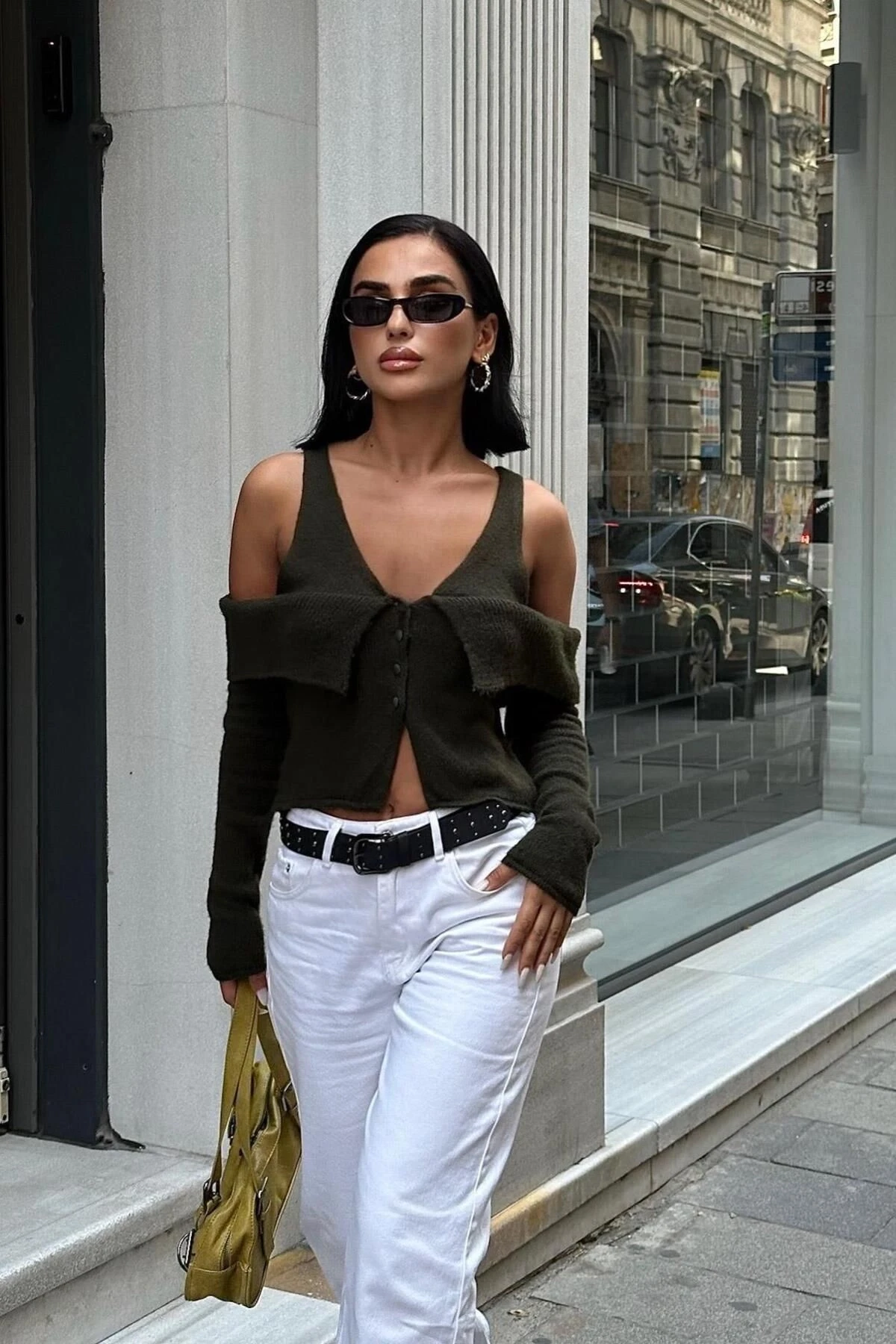 Kadın Haki Kruvaze Triko Kısa Hırka