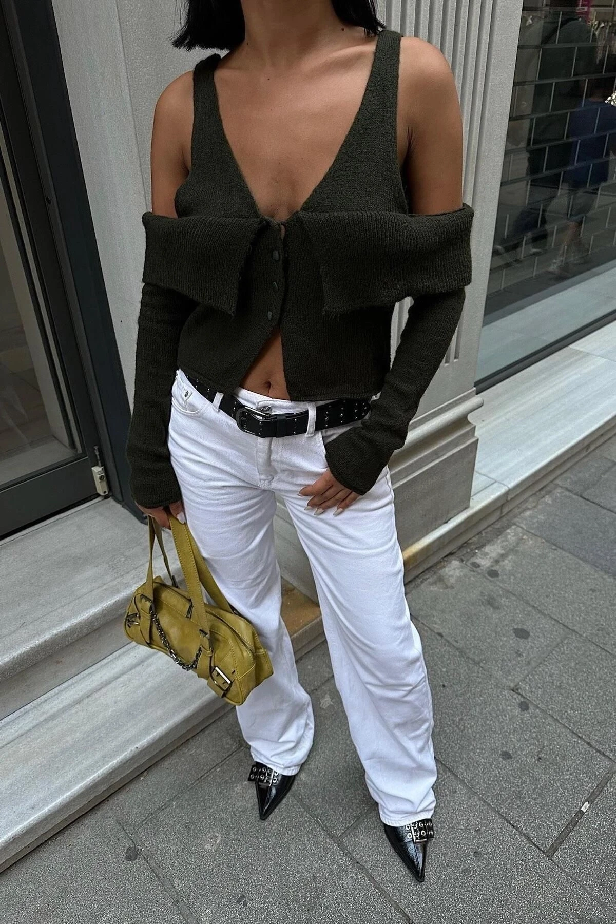 Kadın Haki Kruvaze Triko Kısa Hırka