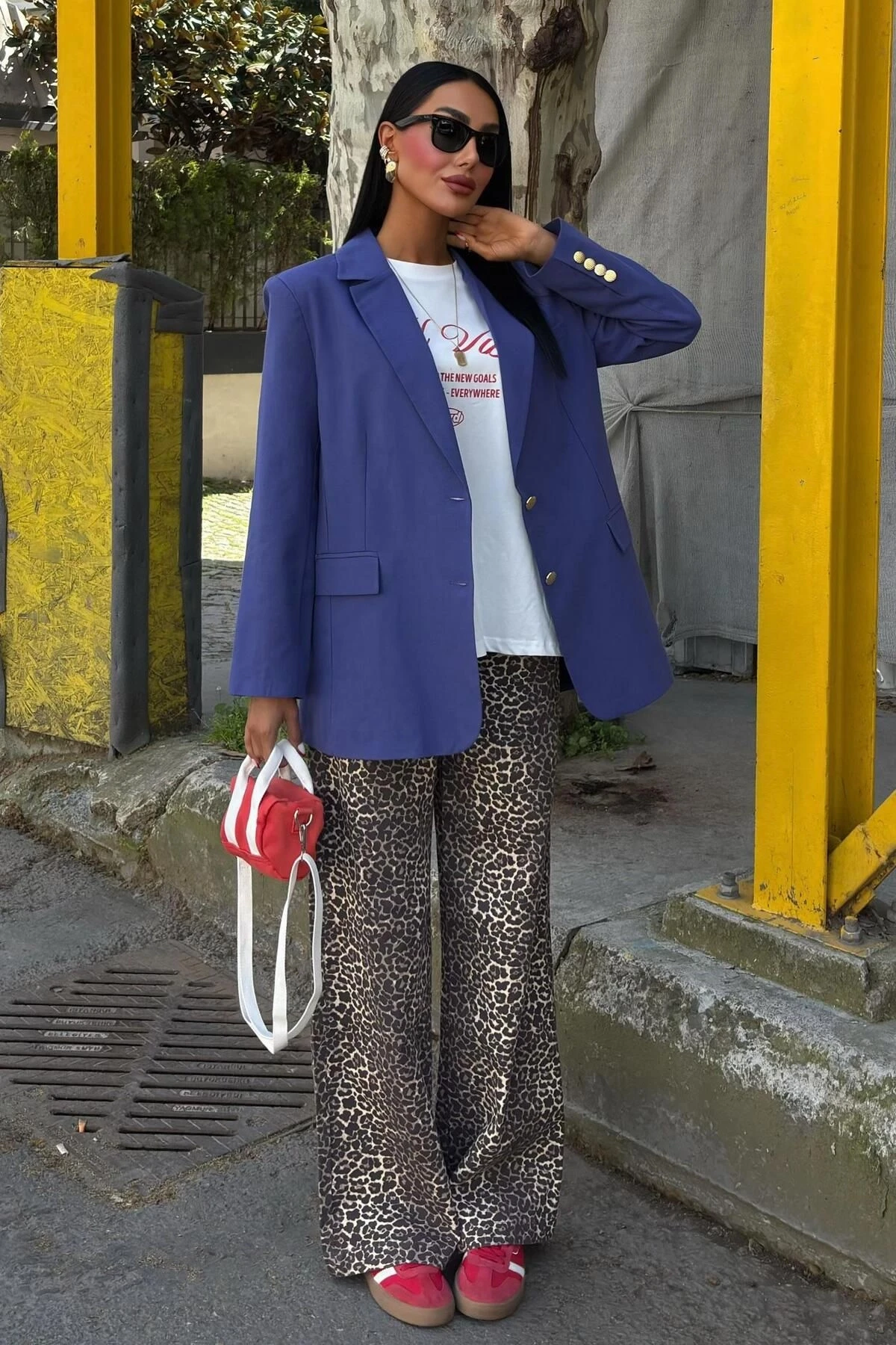 Kadın İndigo Kruvaze Oversize Uzun Ceket