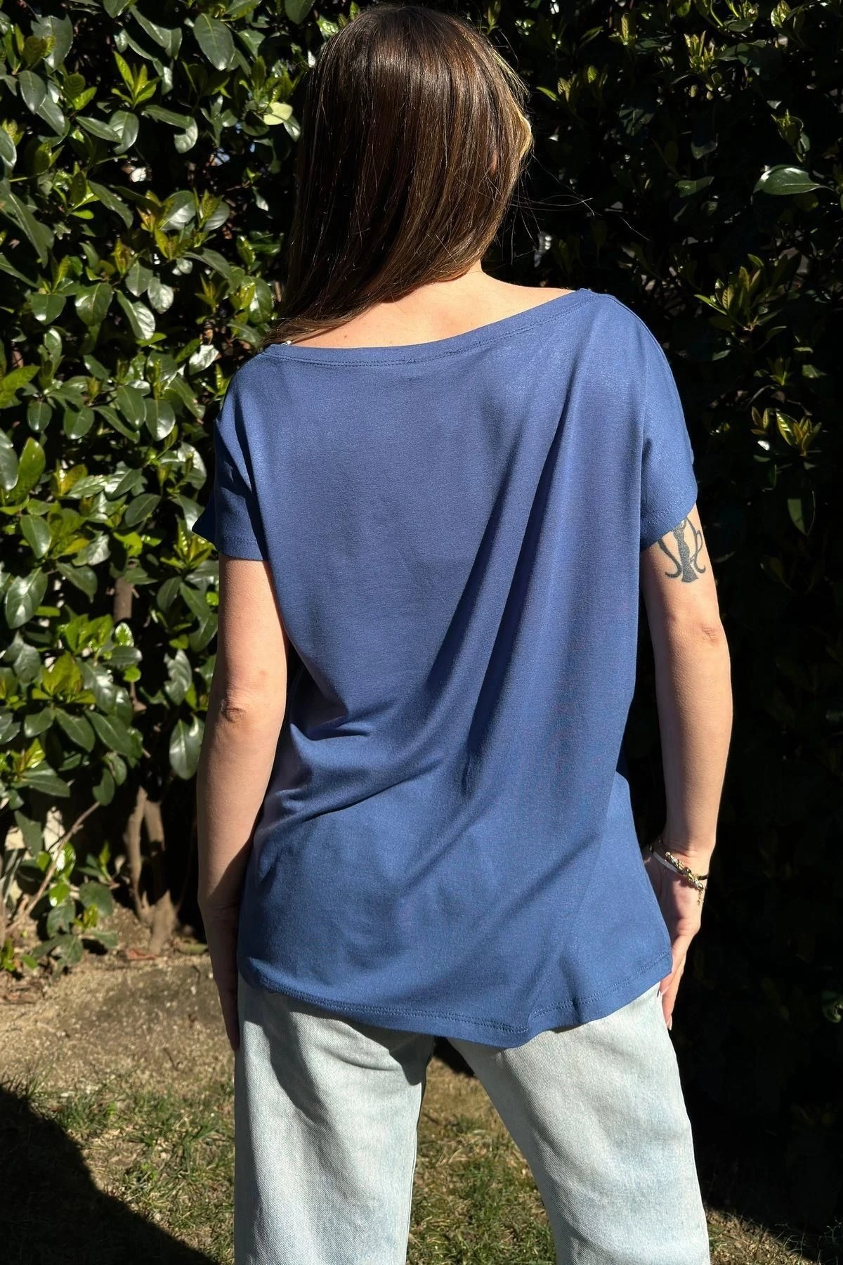 Kadın İndigo, Laci & Beyaz Kısa Kol, Color Block Tasarım, Salaş Bluz