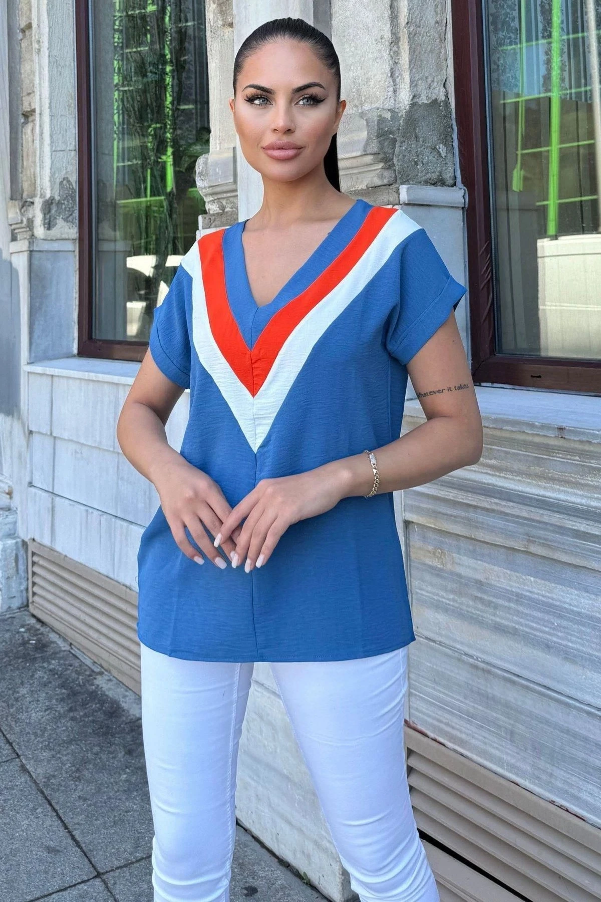 Kadın İndigo V Yaka, Kısa Kol, Color Block Detaylı Salaş Airobin Bluz