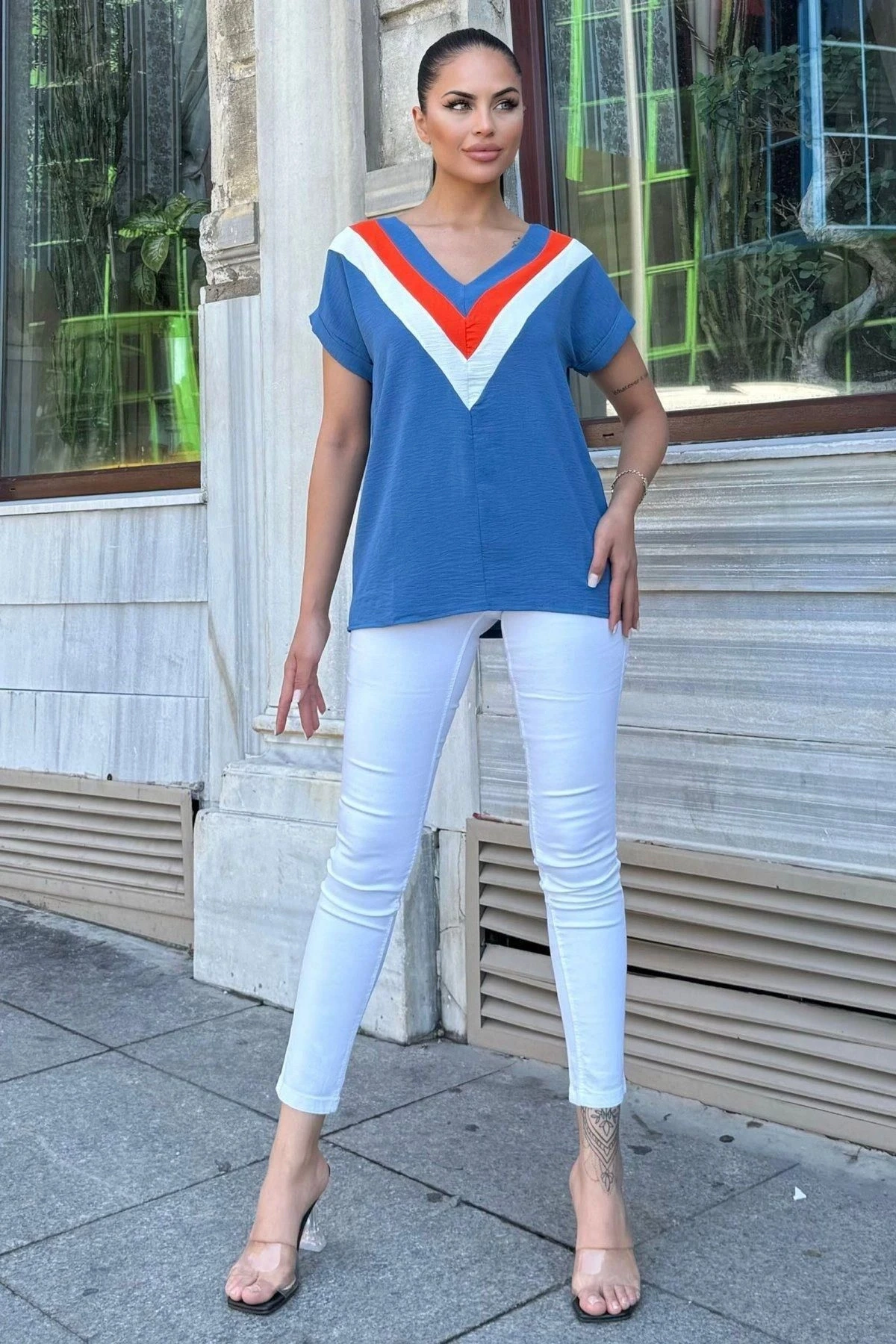 Kadın İndigo V Yaka, Kısa Kol, Color Block Detaylı Salaş Airobin Bluz