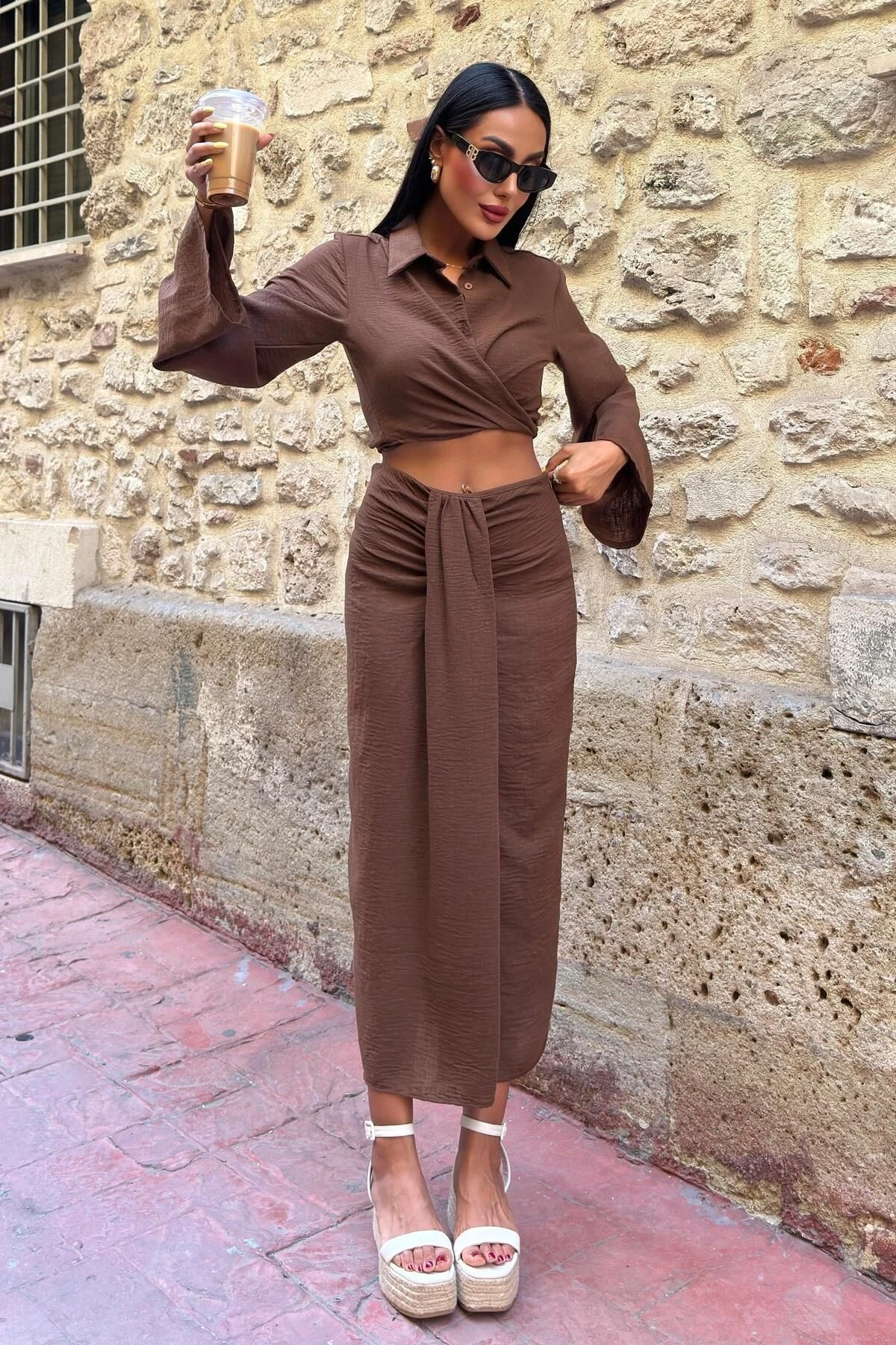 Kadın Kahve Keten Uzun Gömlek Yaka İkili Takım