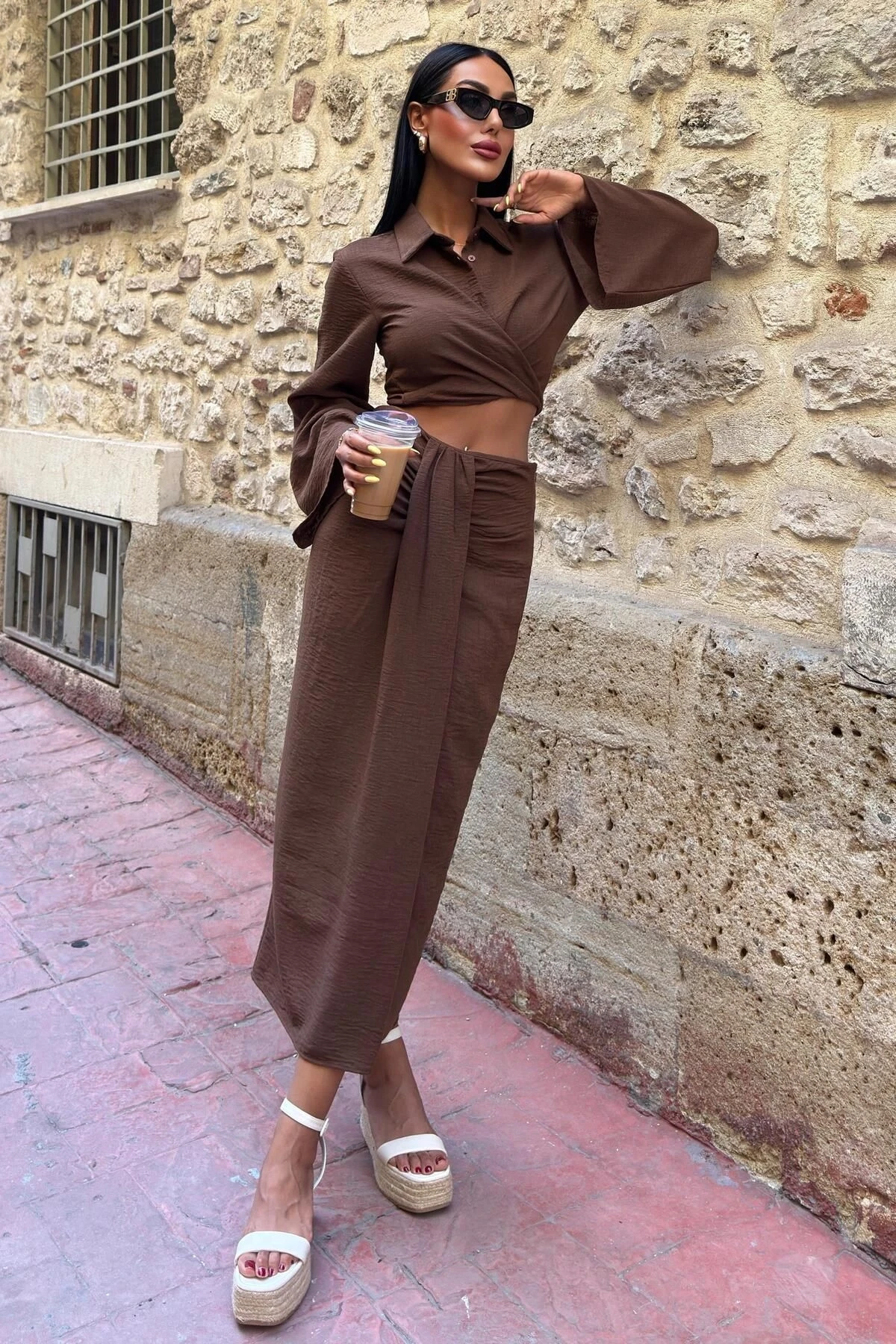 Kadın Kahve Keten Uzun Gömlek Yaka İkili Takım