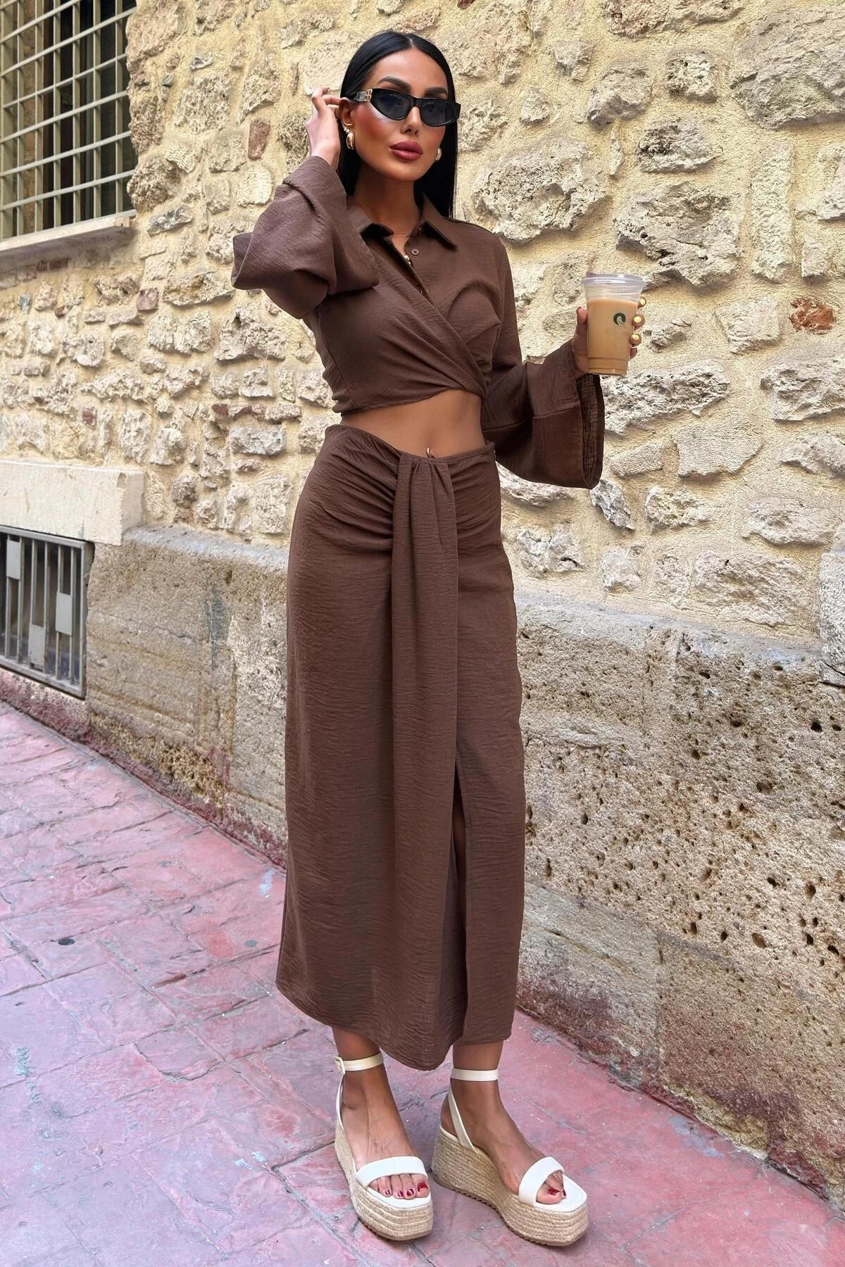 Kadın Kahve Keten Uzun Gömlek Yaka İkili Takım