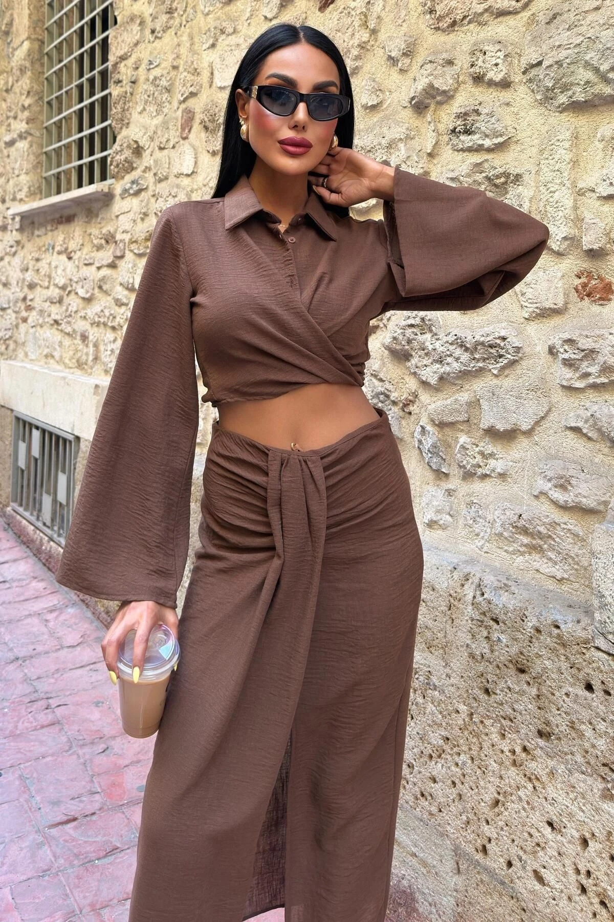 Kadın Kahve Keten Uzun Gömlek Yaka İkili Takım