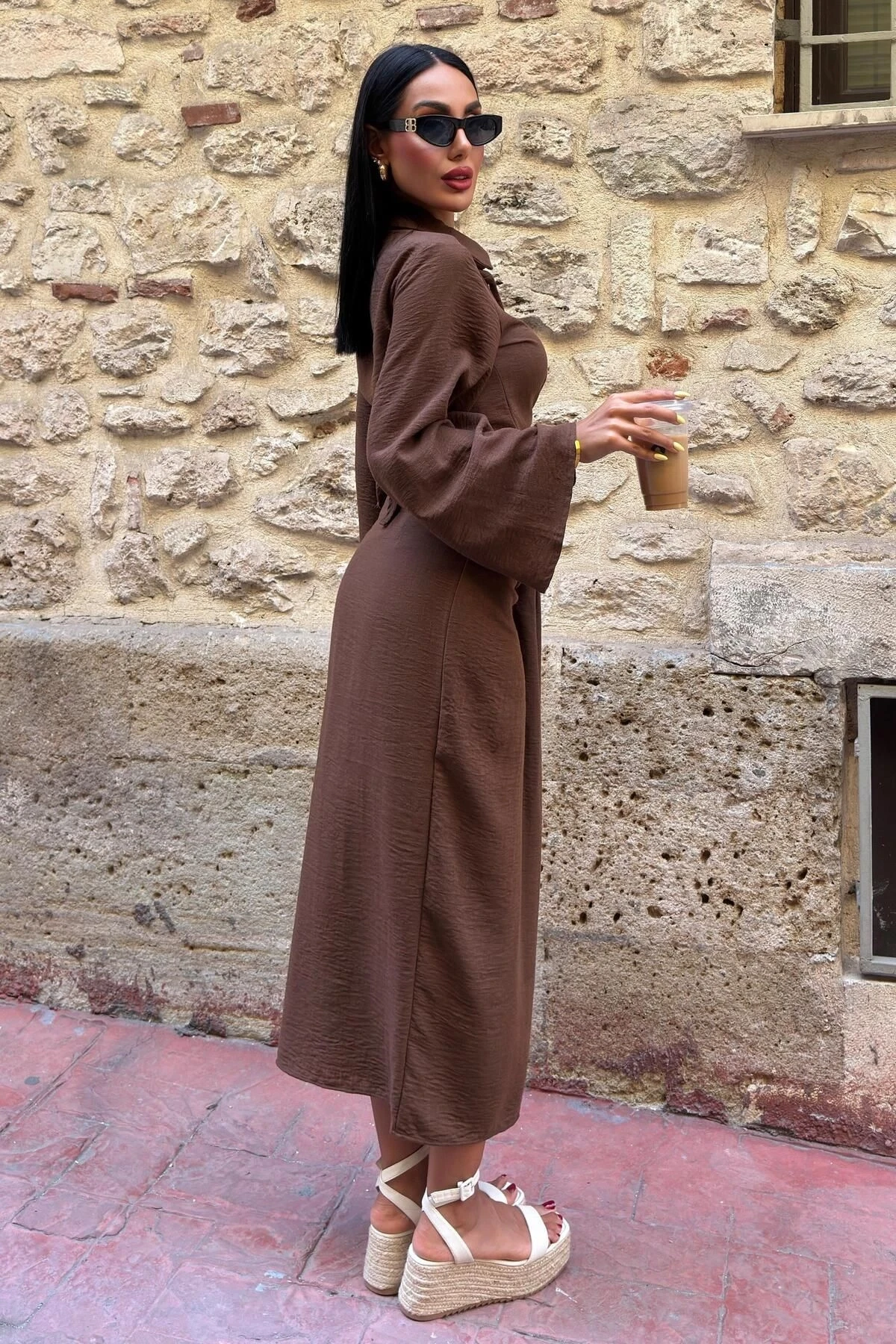 Kadın Kahve Keten Uzun Gömlek Yaka İkili Takım