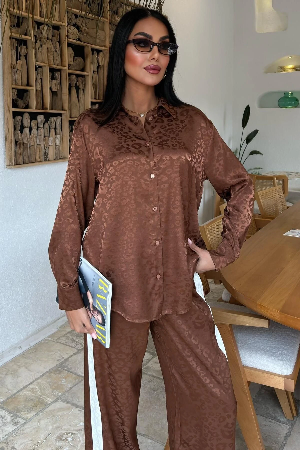 Kadın Kahverengi Jakar Saten Parlak Uzun Kollu Takım