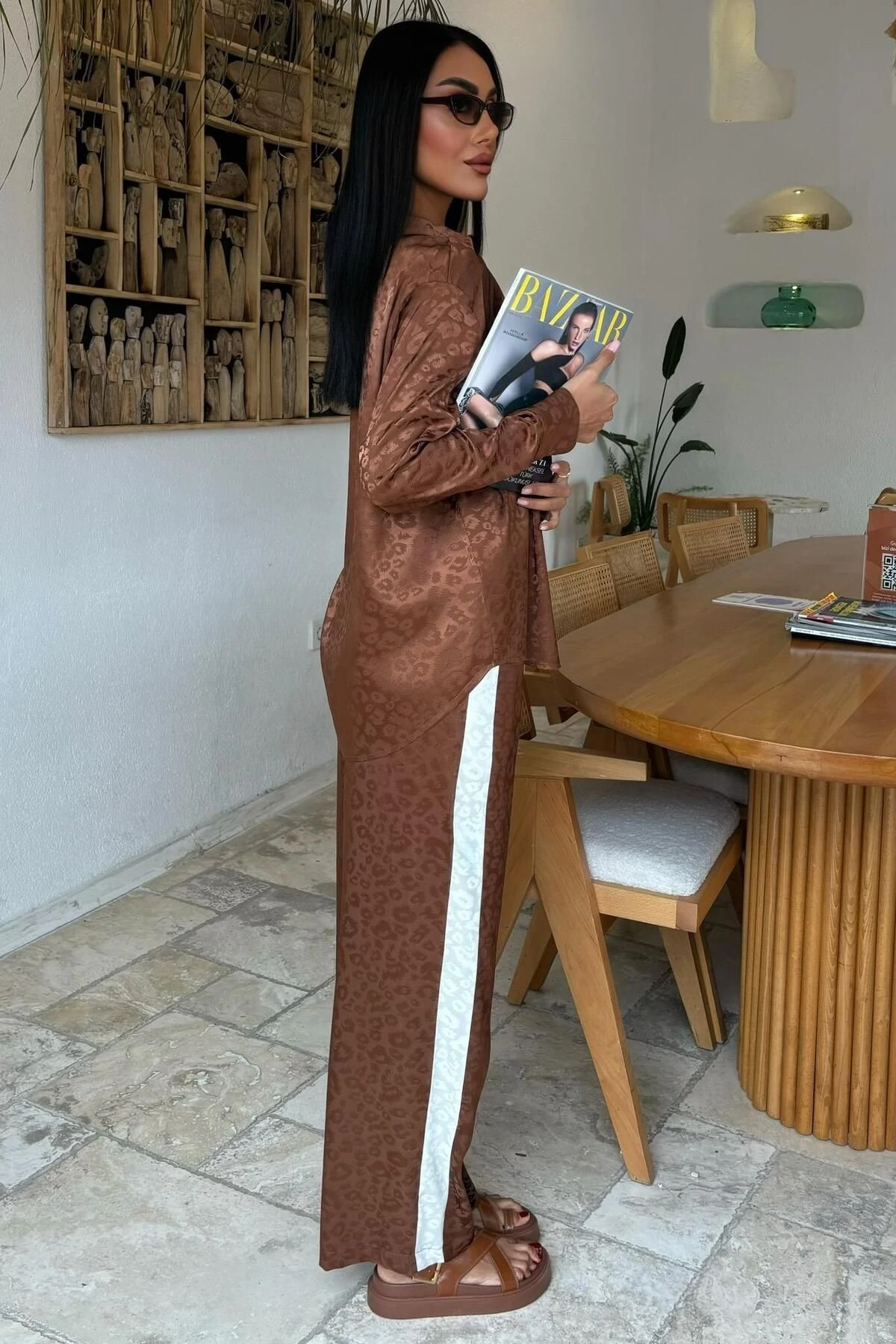 Kadın Kahverengi Jakar Saten Parlak Uzun Kollu Takım