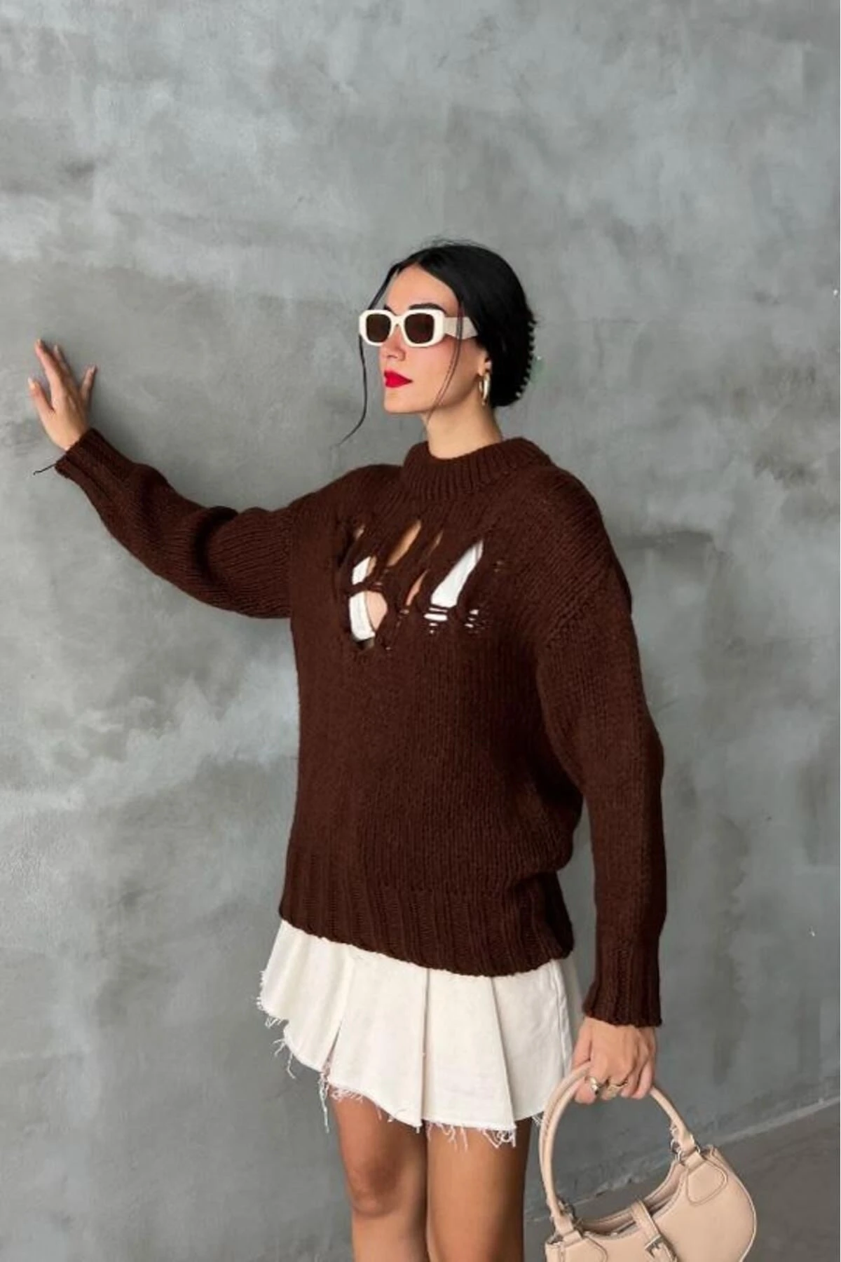 Kadın Kahverengi Oversize Triko Yarım Balıkçı Yaka Kazak