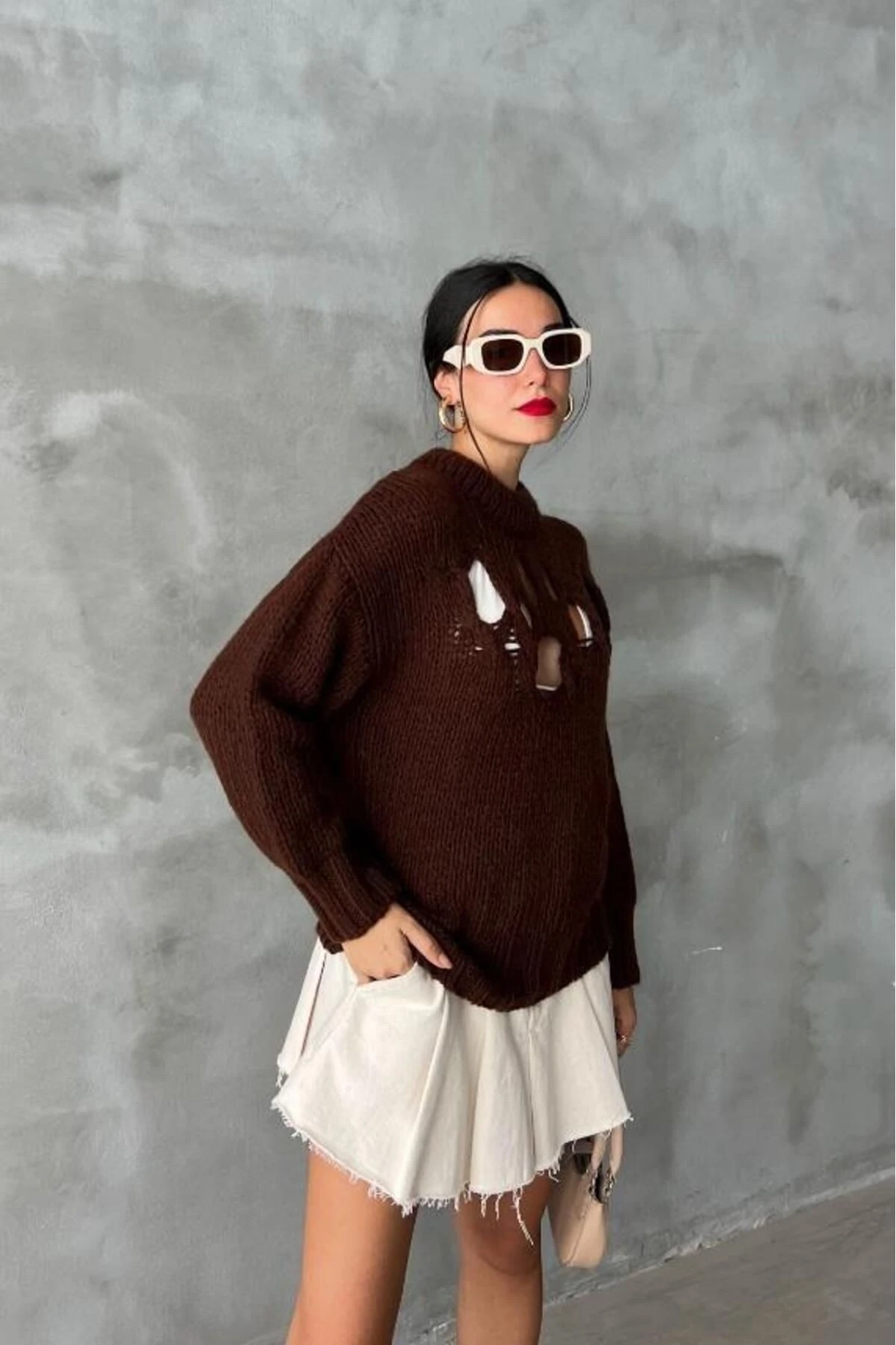 Kadın Kahverengi Oversize Triko Yarım Balıkçı Yaka Kazak