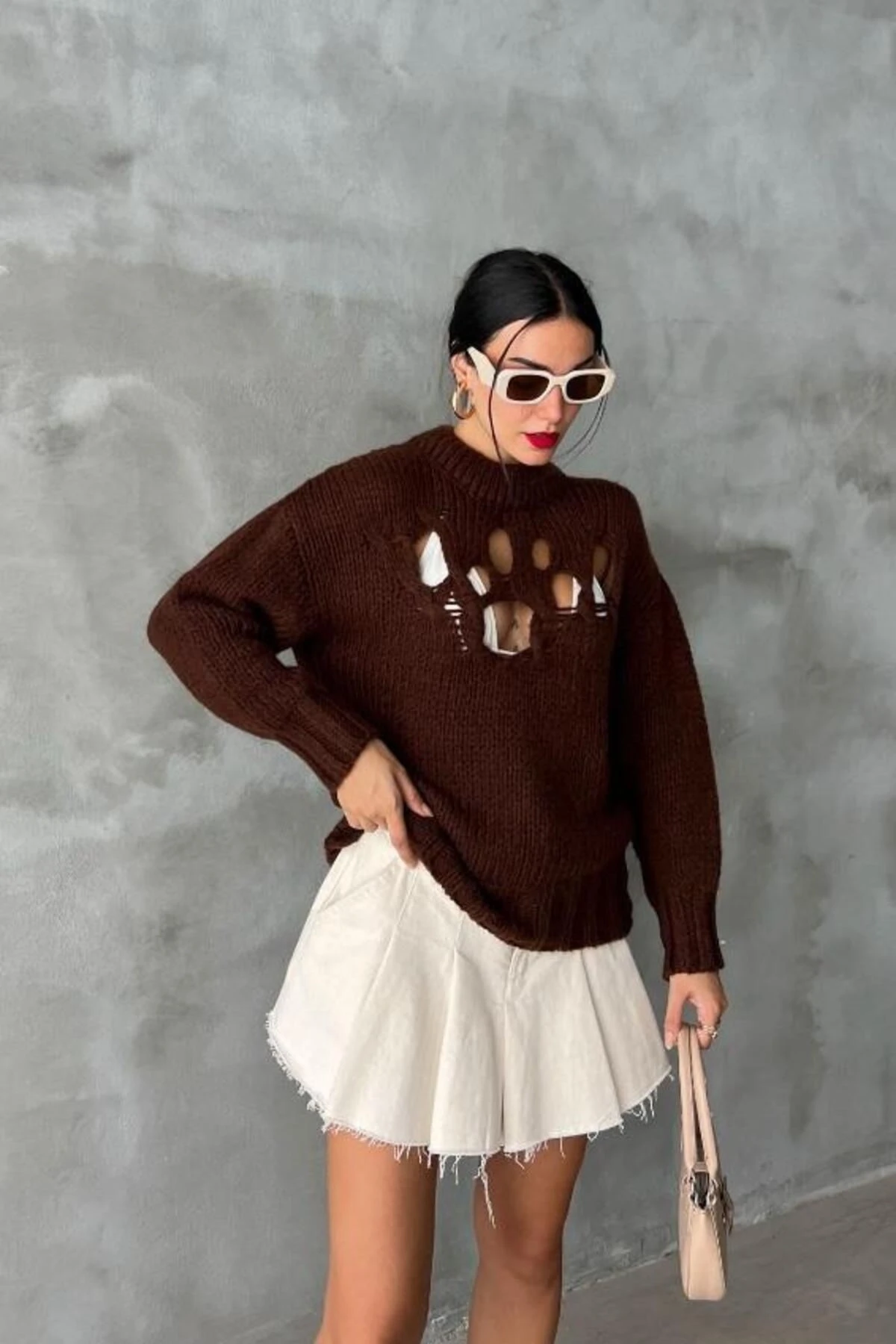 Kadın Kahverengi Oversize Triko Yarım Balıkçı Yaka Kazak