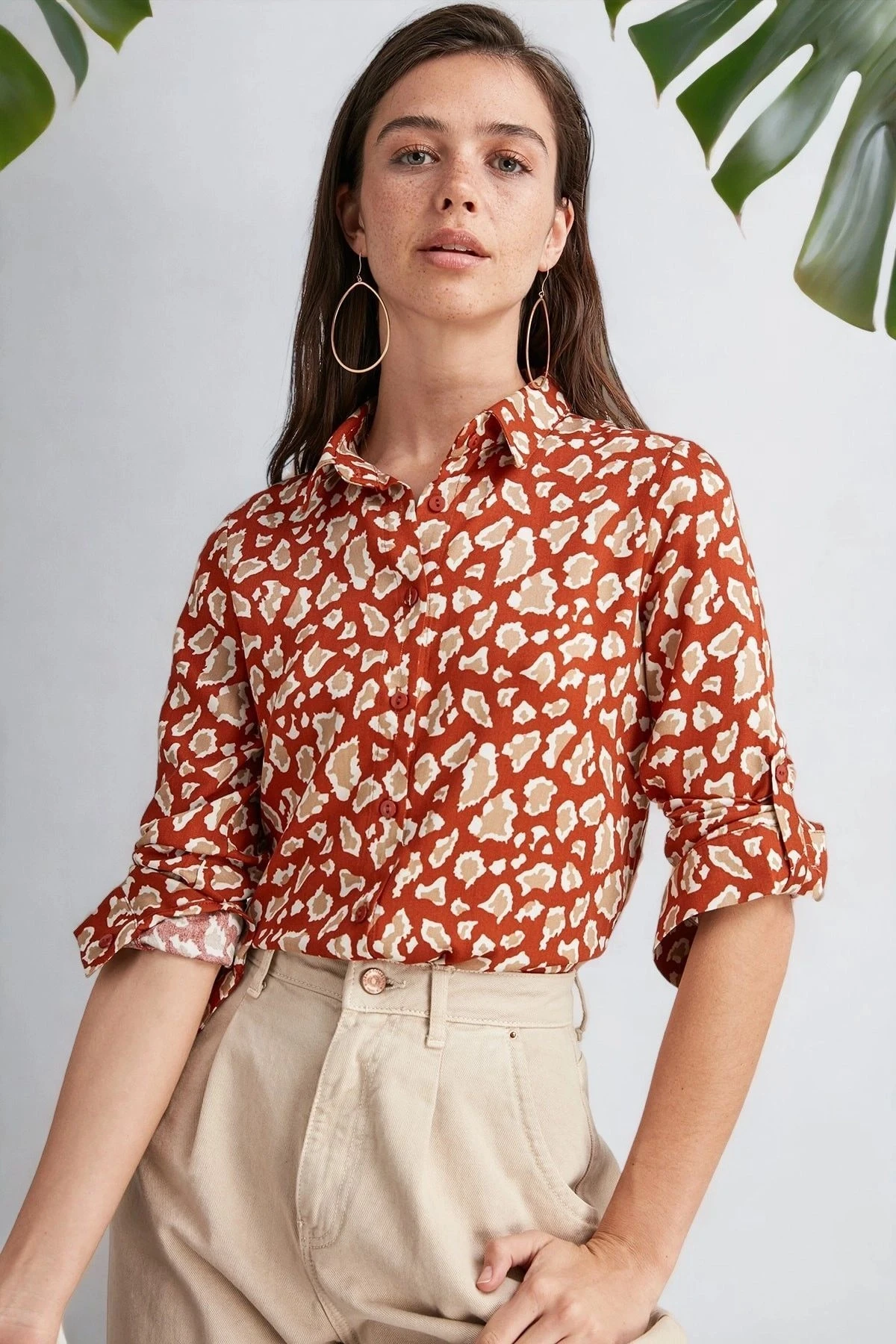 Kadın Kiremit Klasik Yaka, Uzun Kol, Desenli, Regular Kesim, Standart Boy Gömlek