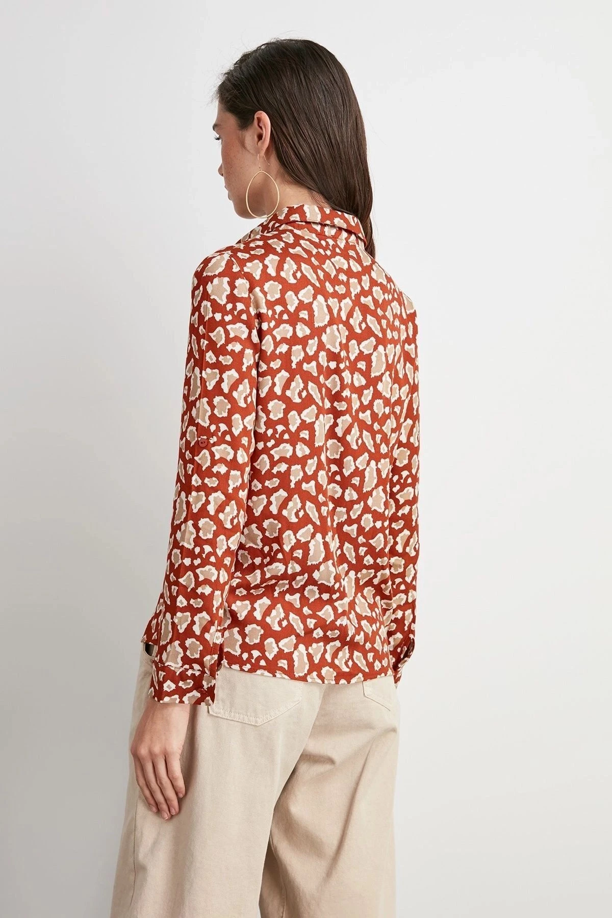 Kadın Kiremit Klasik Yaka, Uzun Kol, Desenli, Regular Kesim, Standart Boy Gömlek