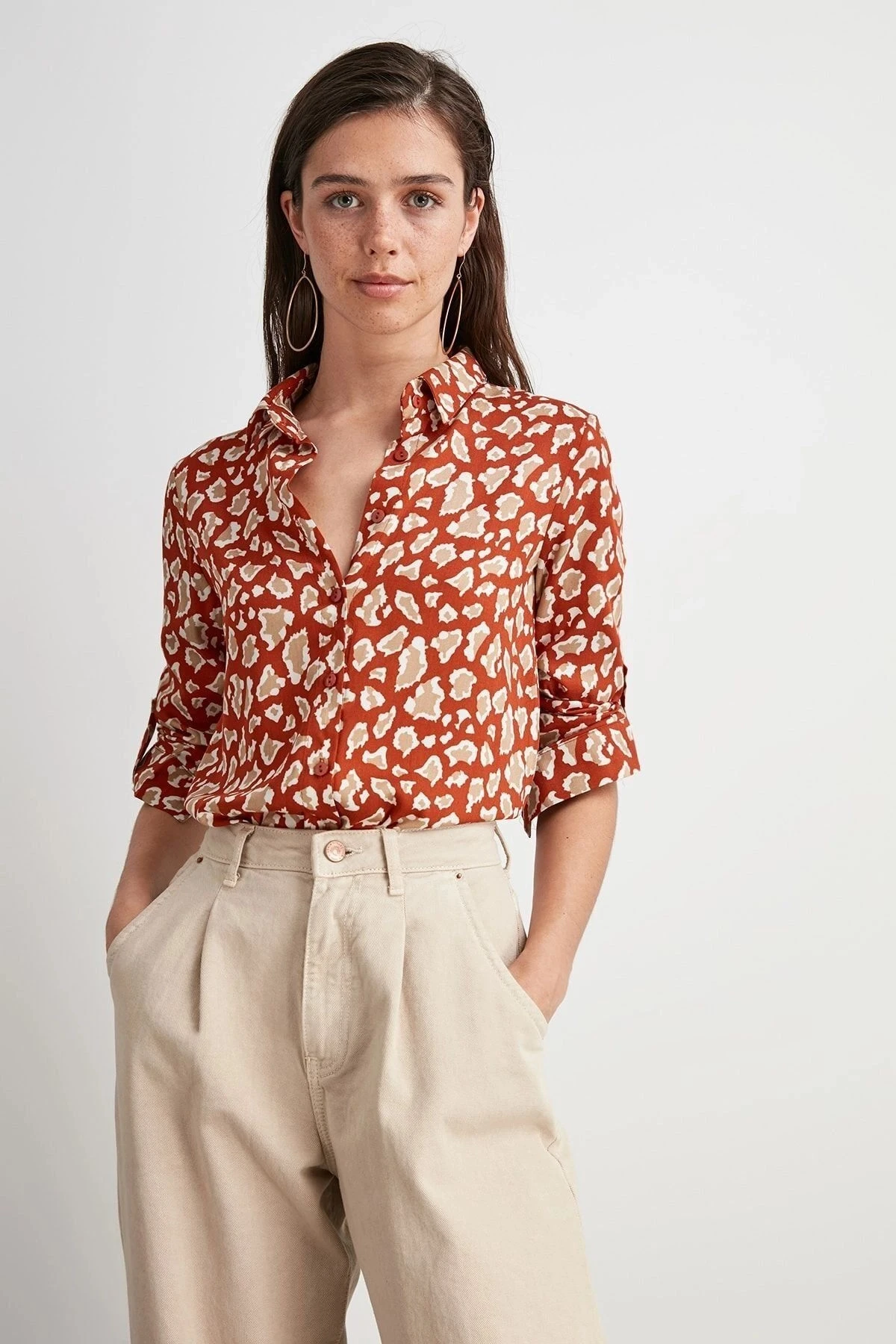 Kadın Kiremit Klasik Yaka, Uzun Kol, Desenli, Regular Kesim, Standart Boy Gömlek