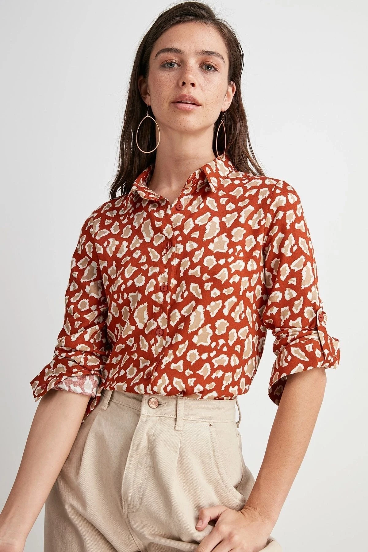 Kadın Kiremit Klasik Yaka, Uzun Kol, Desenli, Regular Kesim, Standart Boy Gömlek