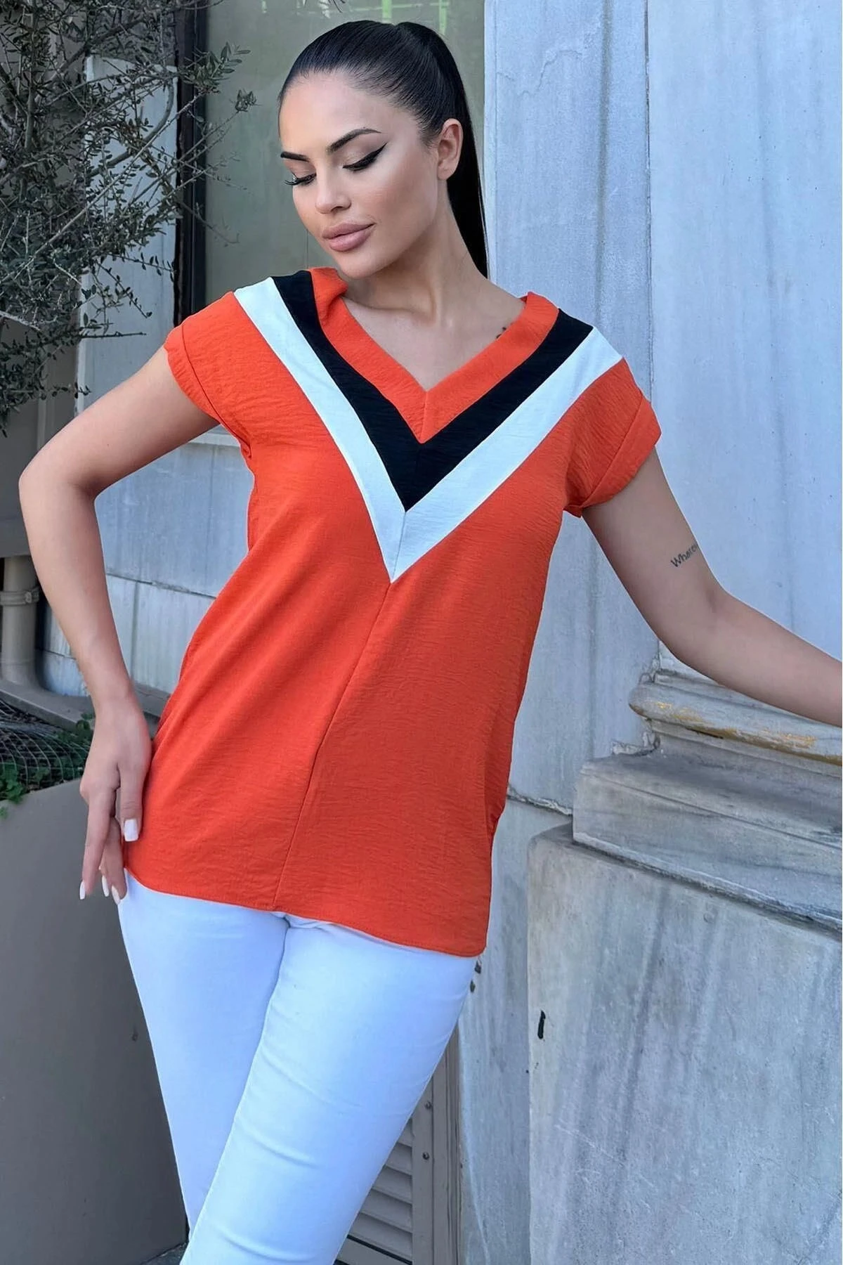 Kadın Kiremit V Yaka, Kısa Kol, Color Block Detaylı Salaş Airobin Bluz