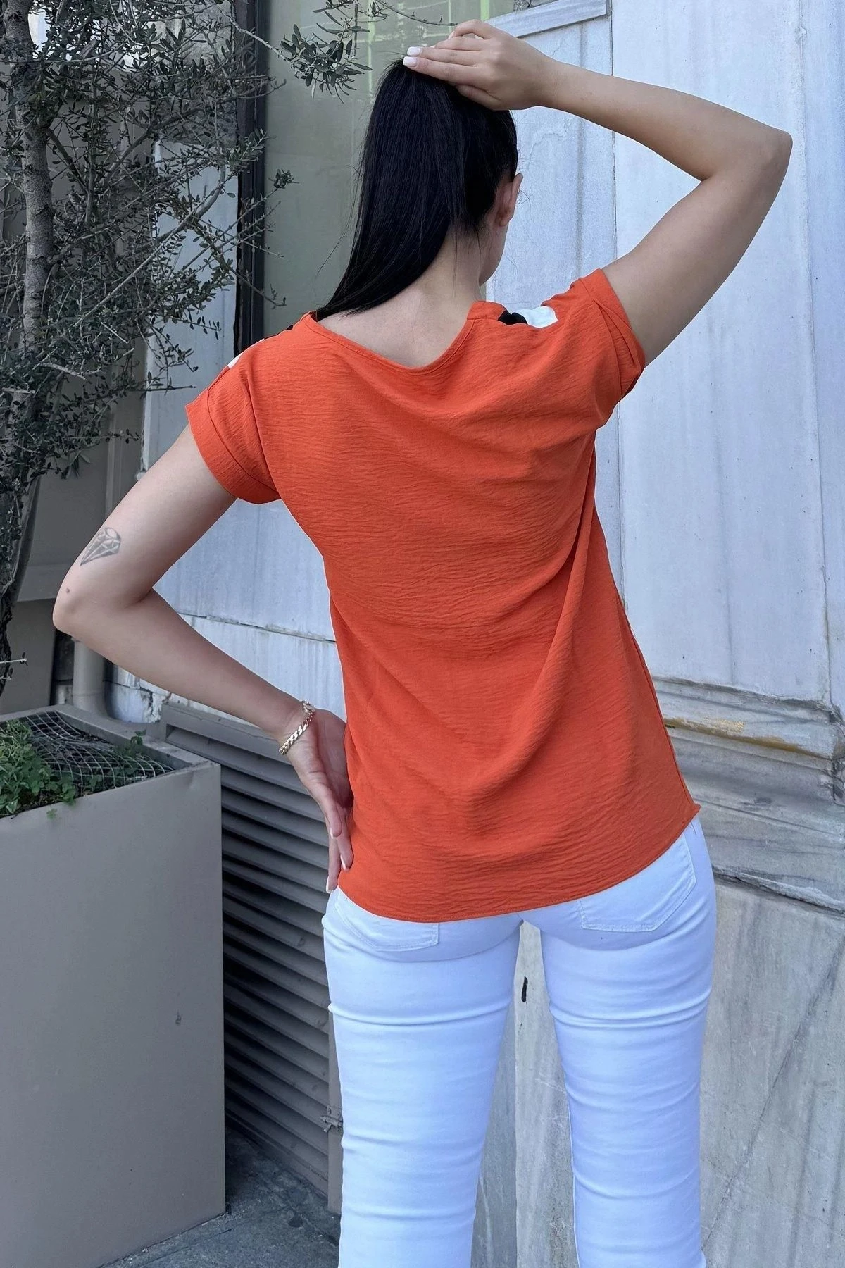 Kadın Kiremit V Yaka, Kısa Kol, Color Block Detaylı Salaş Airobin Bluz