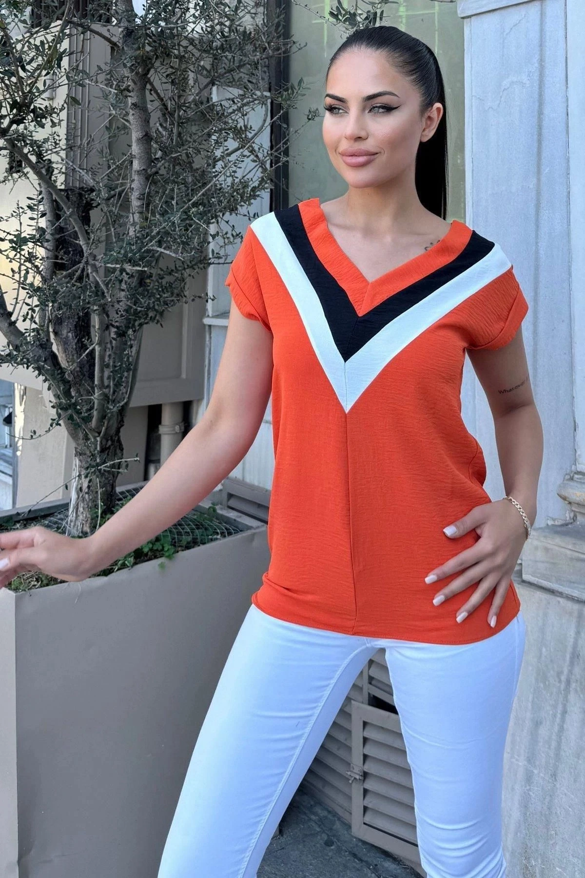 Kadın Kiremit V Yaka, Kısa Kol, Color Block Detaylı Salaş Airobin Bluz