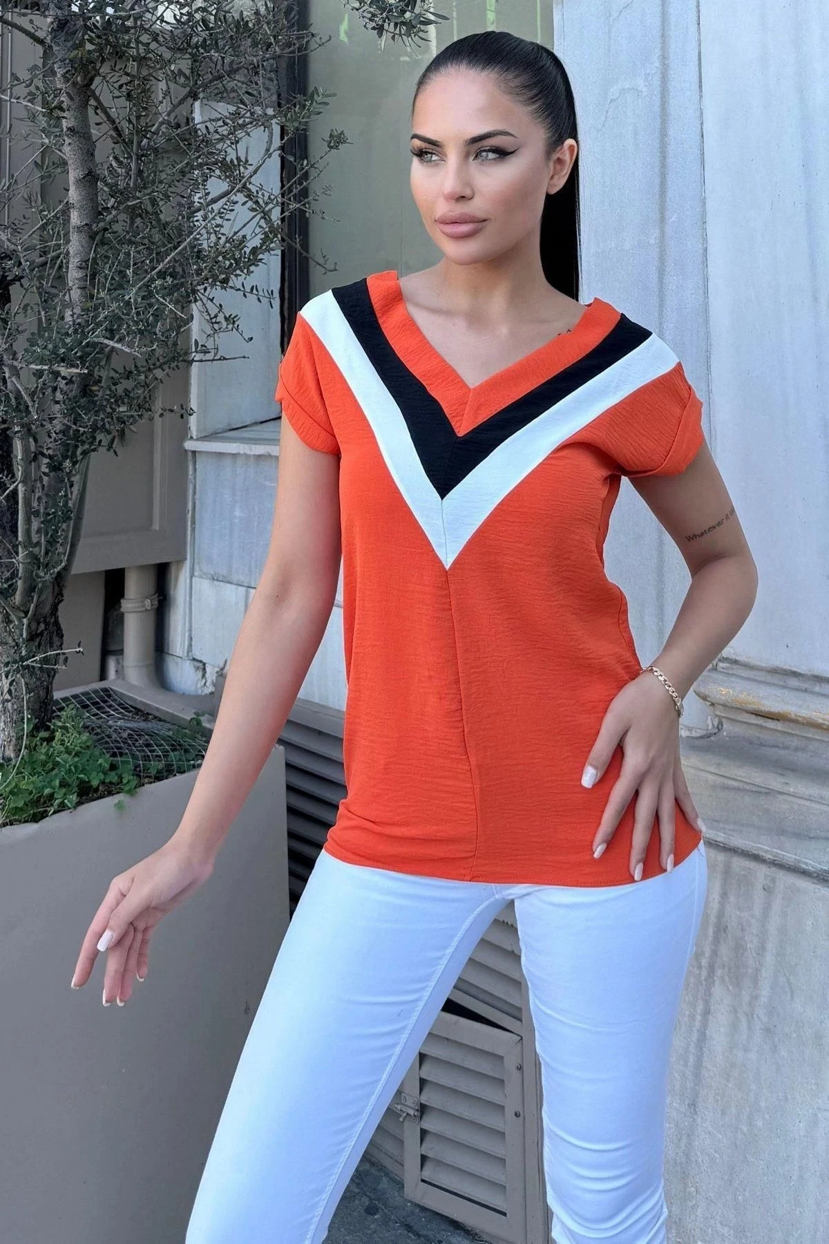 Kadın Kiremit V Yaka, Kısa Kol, Color Block Detaylı Salaş Airobin Bluz