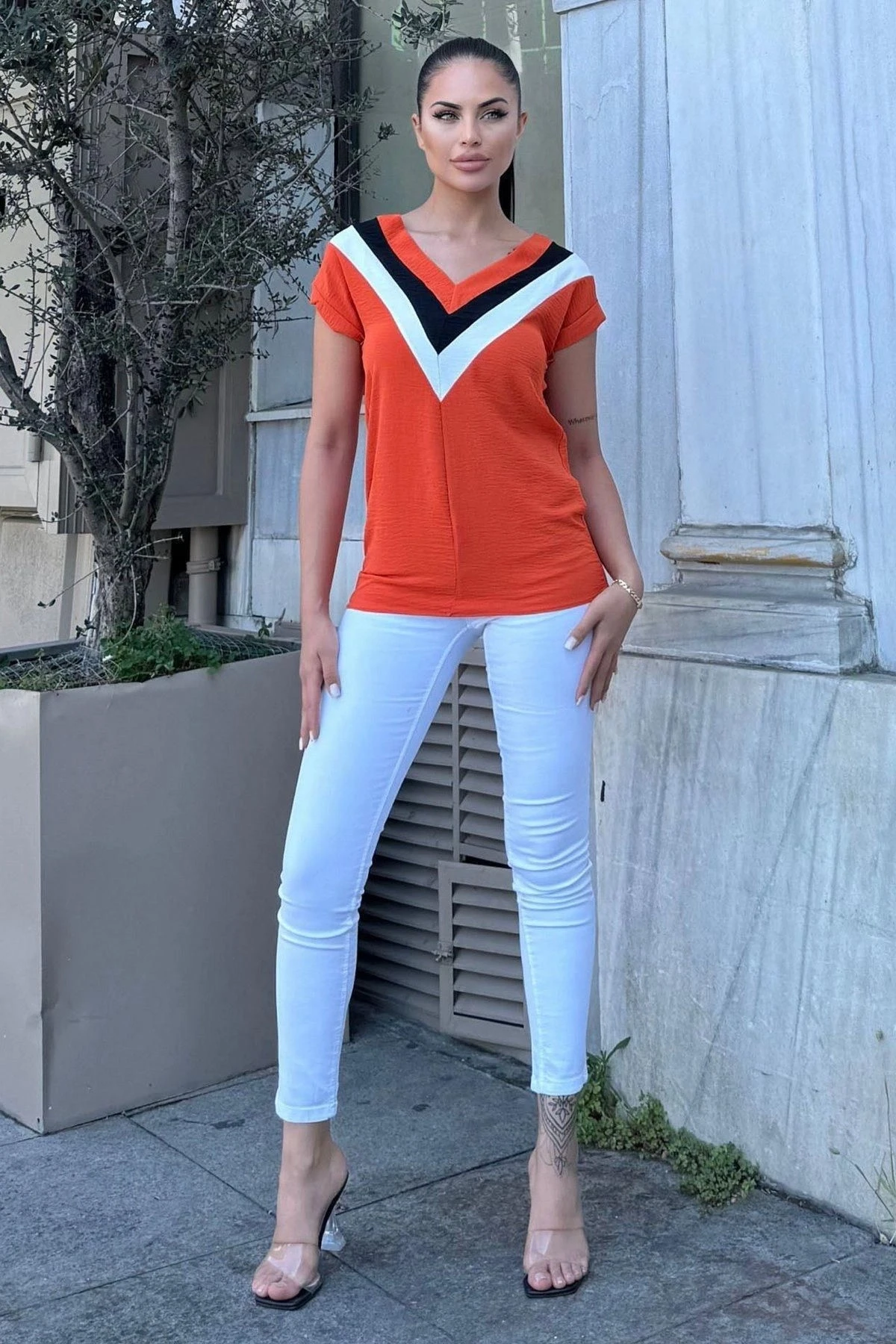 Kadın Kiremit V Yaka, Kısa Kol, Color Block Detaylı Salaş Airobin Bluz