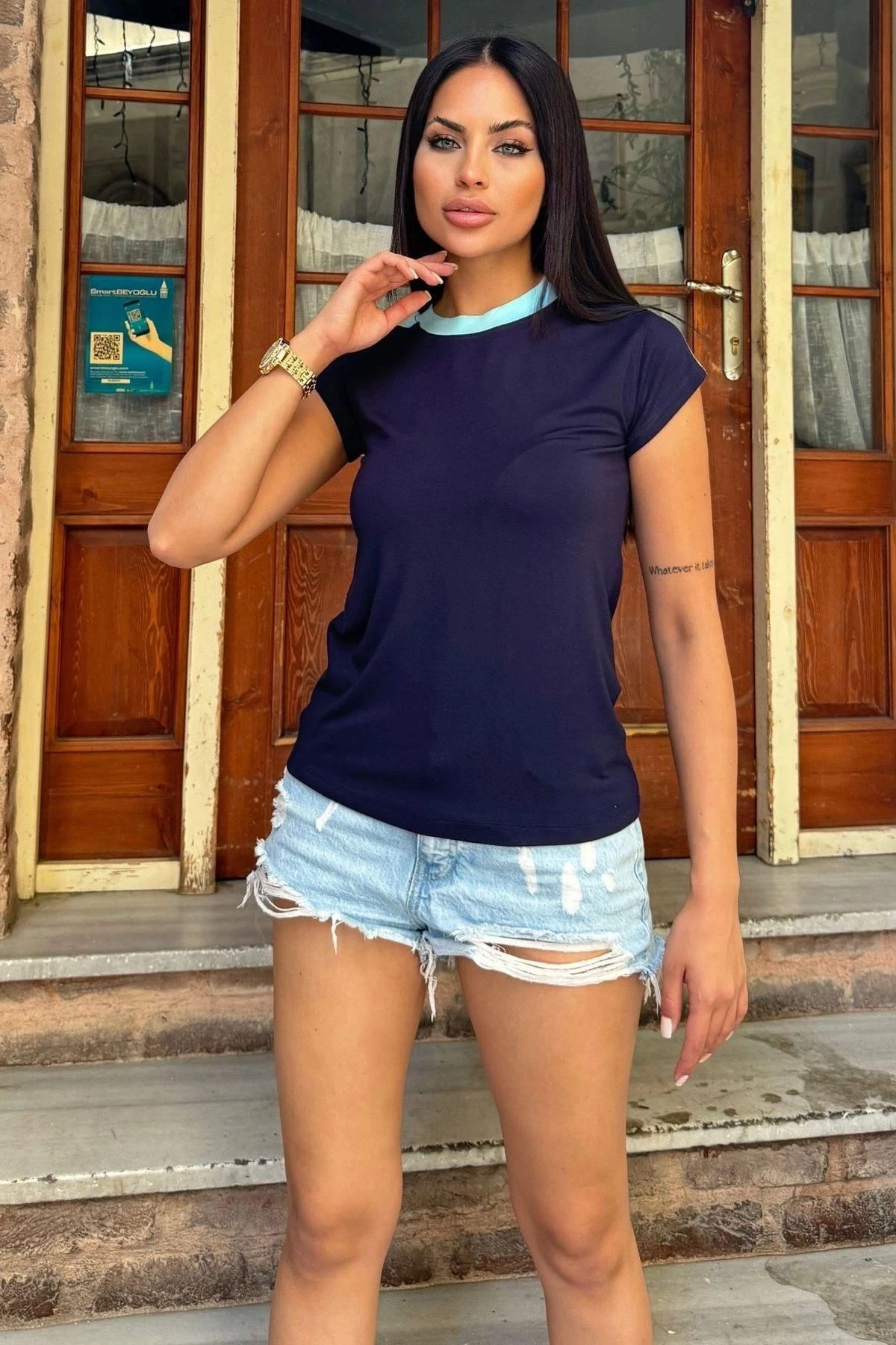 Kadın Laci Omuz Ve Yaka Detaylı, Renk Bloklu Garnili Kısa Kol T-Shirt Bluz