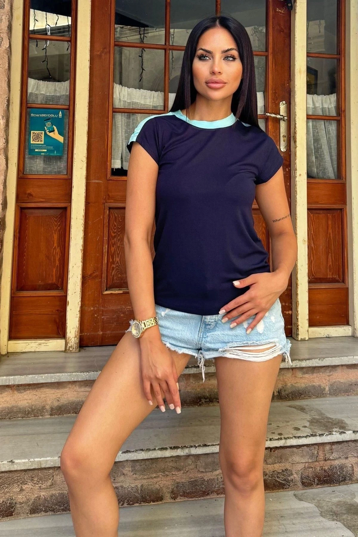 Kadın Laci Omuz Ve Yaka Detaylı, Renk Bloklu Garnili Kısa Kol T-Shirt Bluz