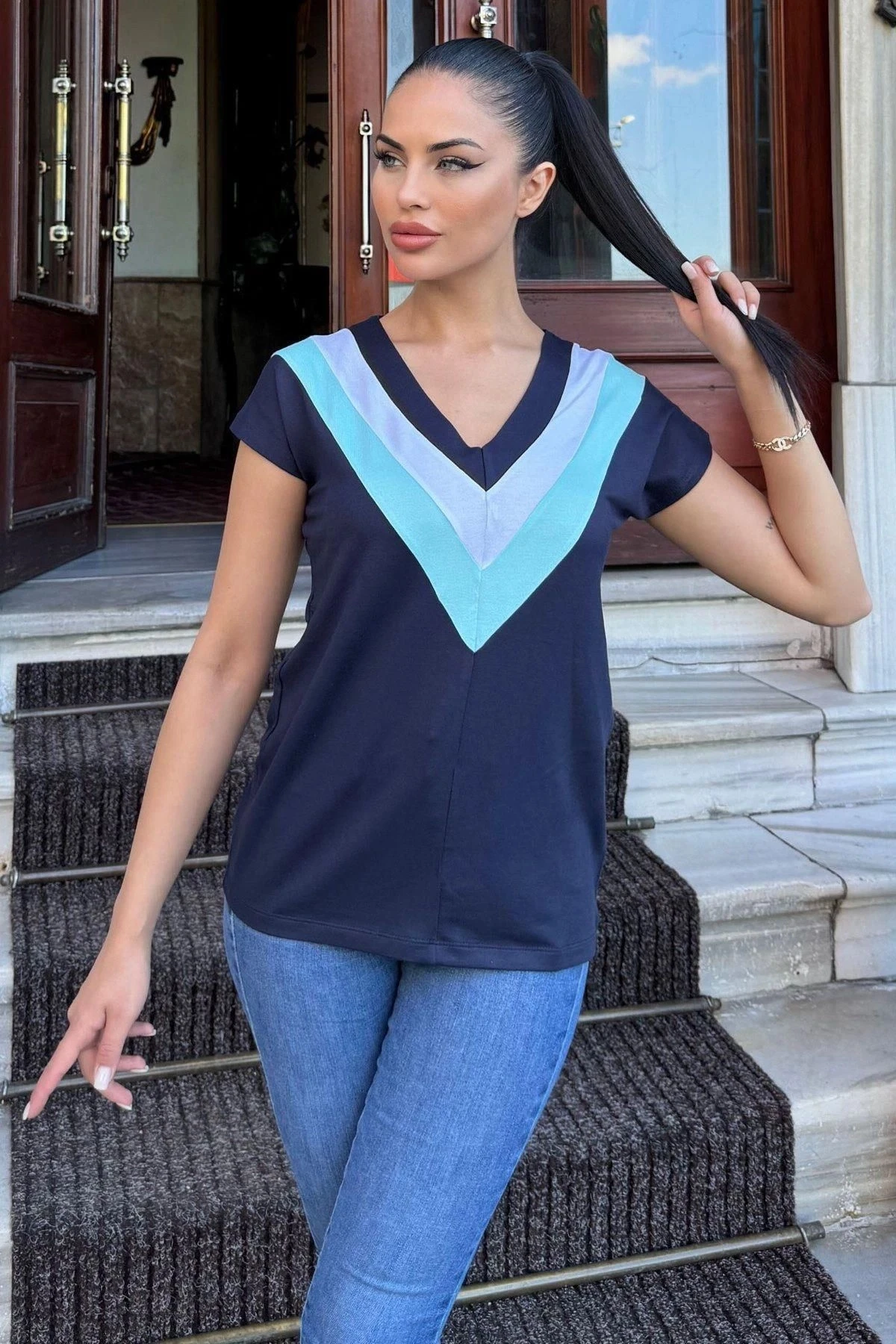 Kadın Laci V Yaka, Kısa Kol, Color Block Detaylı, Terletmez Dokulu Kumaş, Salaş Bluz, Tshirt