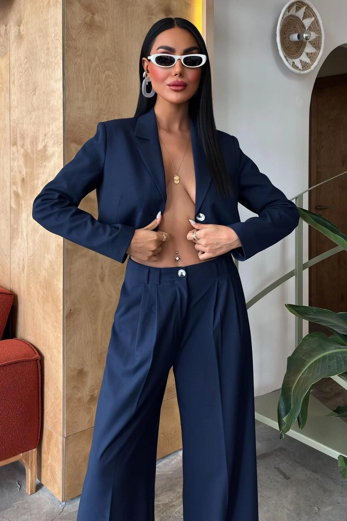 Kadın Lacivert Kruvaze Dokuma Crop Uzun Kol Takım