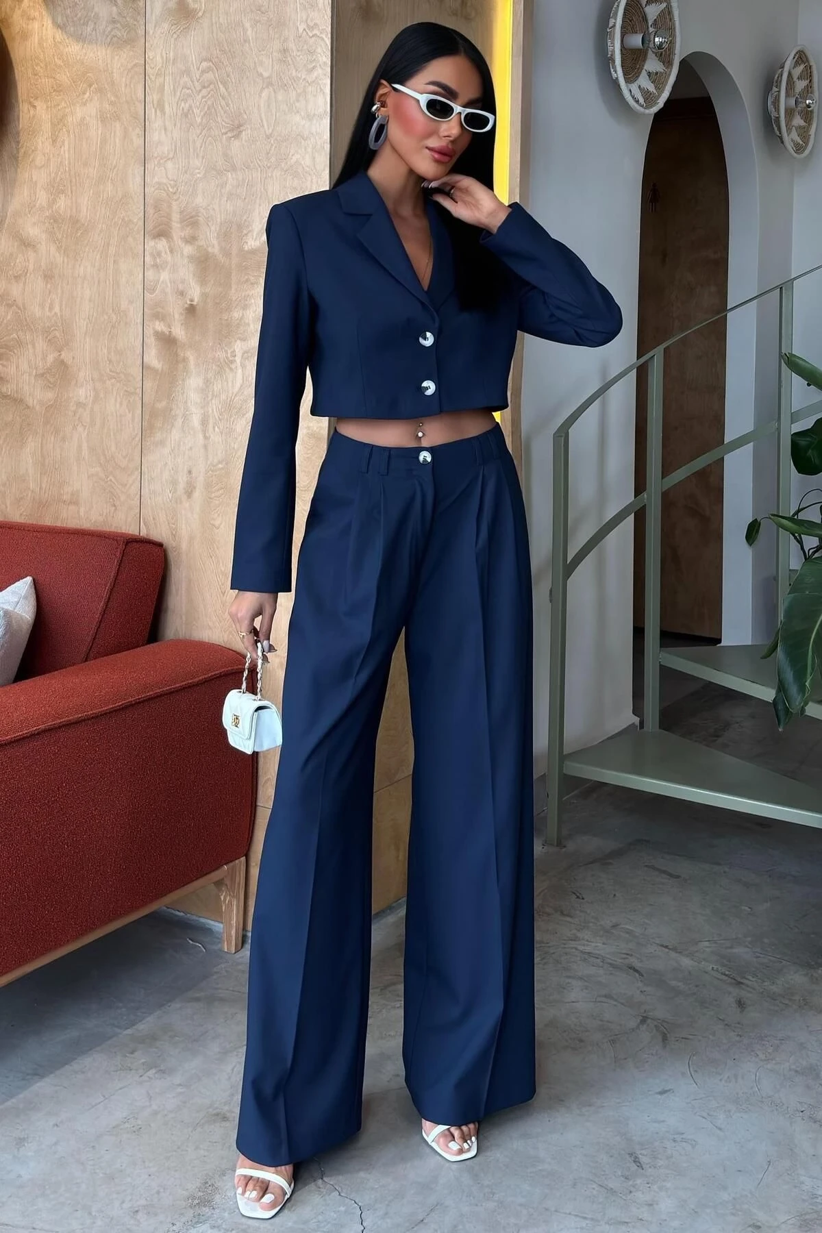 Kadın Lacivert Kruvaze Dokuma Crop Uzun Kol Takım