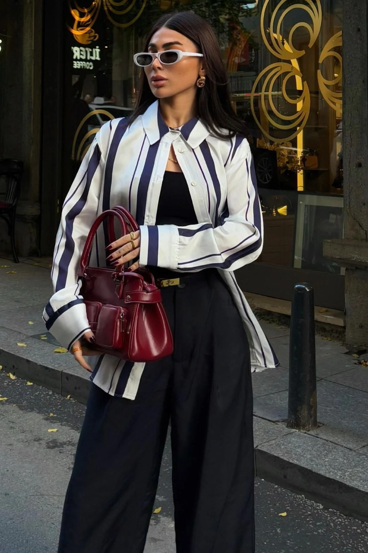 Kadın Lacivert Saten Çizgili Gömlek