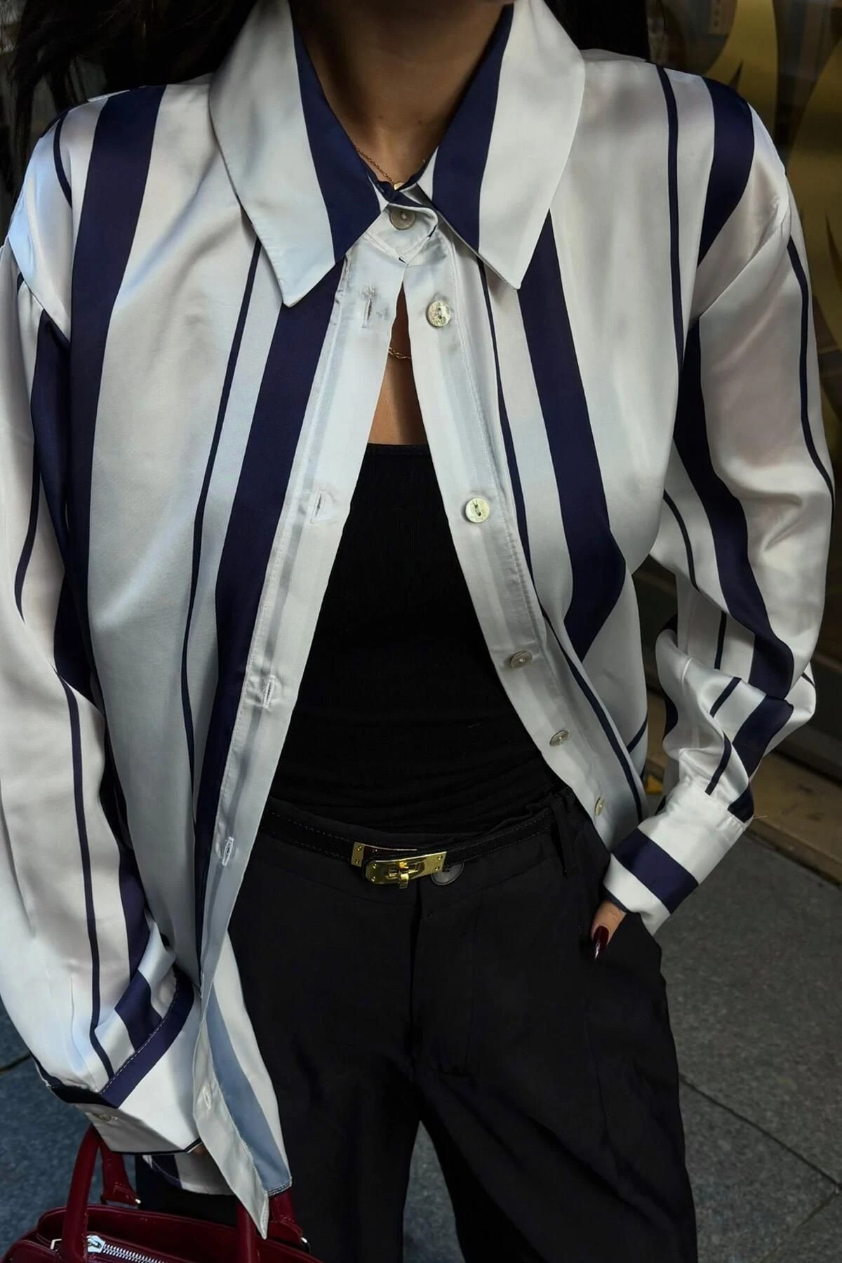 Kadın Lacivert Saten Çizgili Gömlek