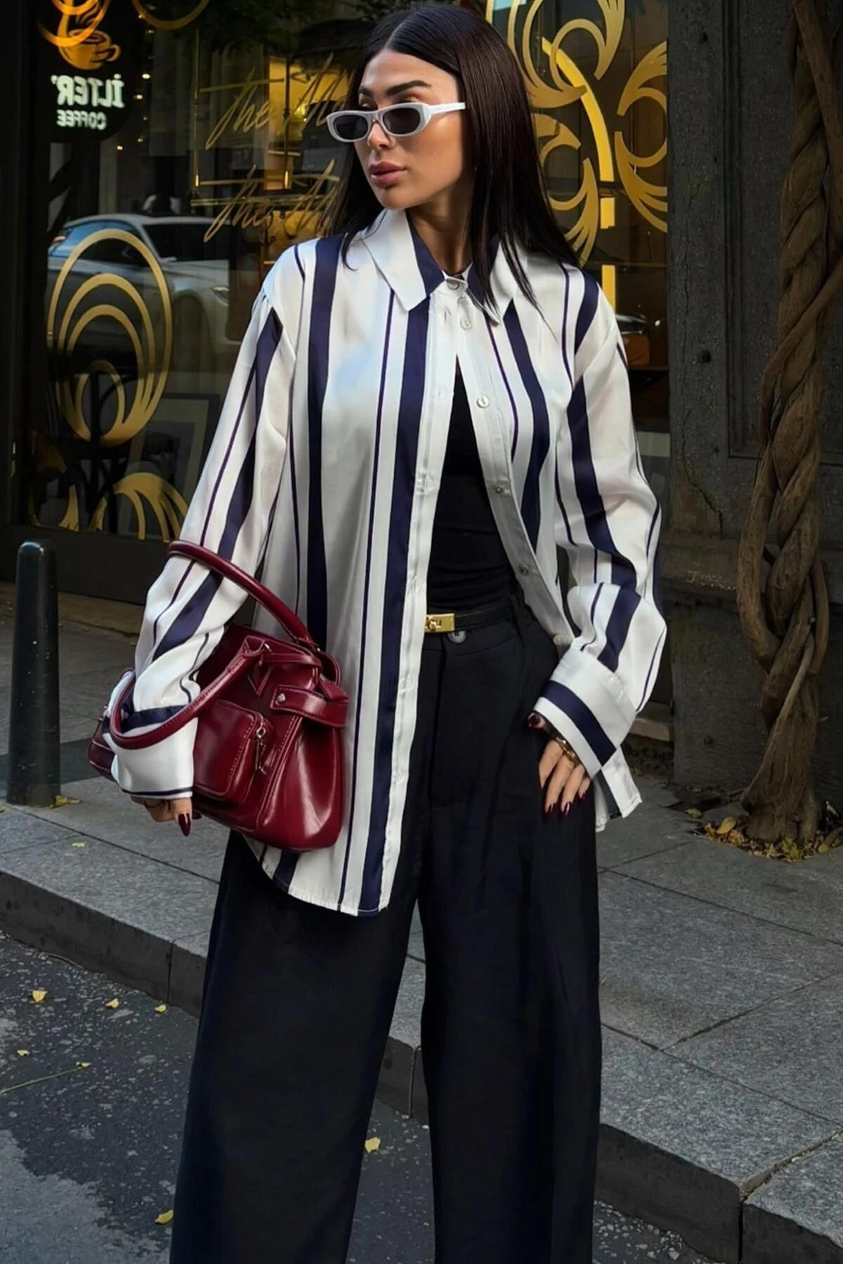 Kadın Lacivert Saten Çizgili Gömlek