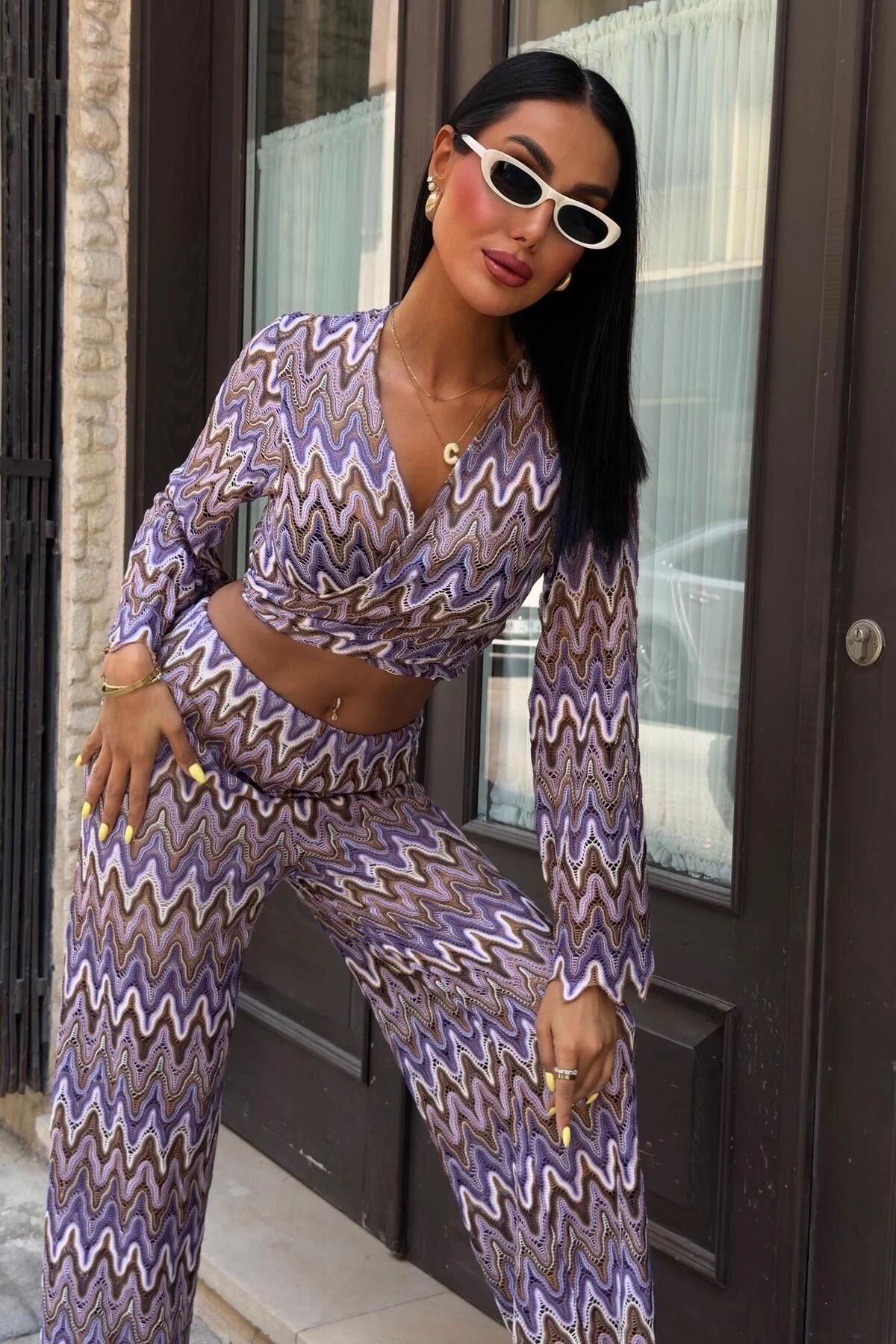 Kadın Lila Desenli Polyester Uzun Kolsuz Takım