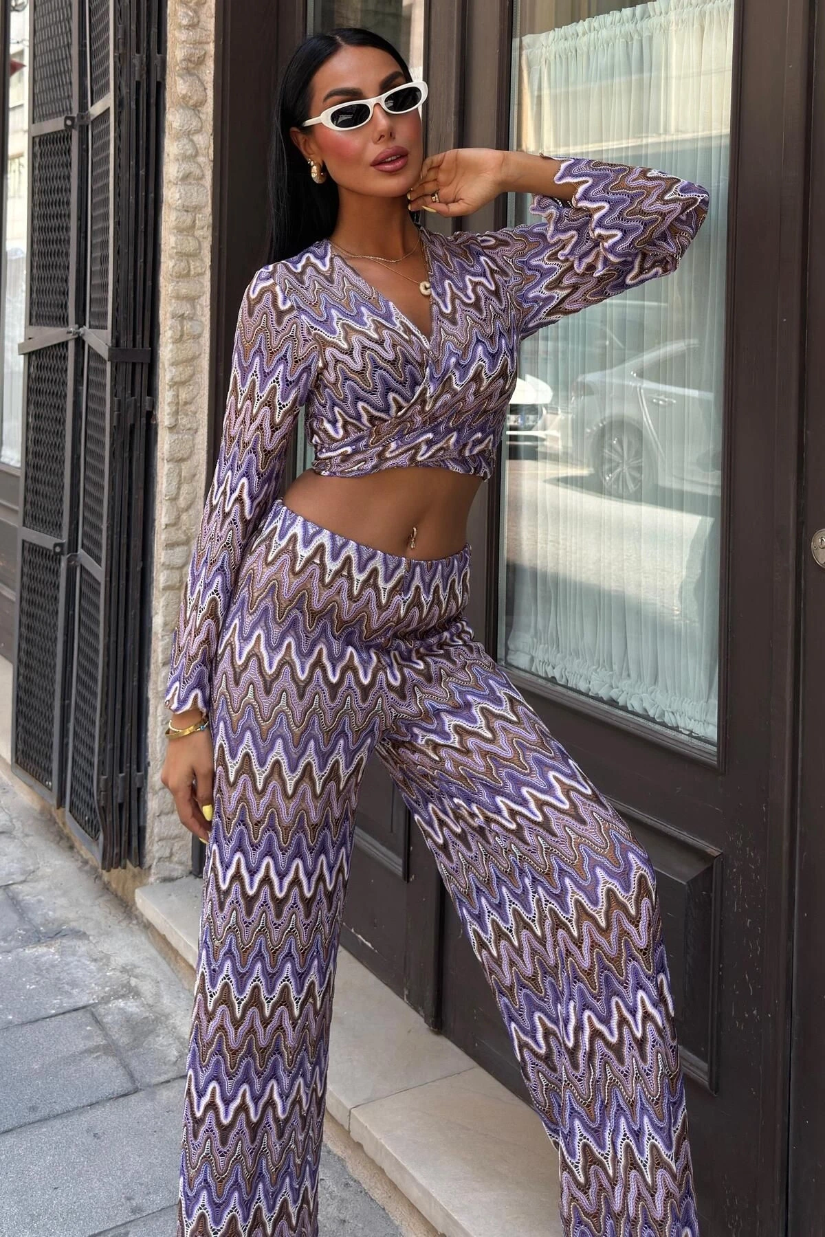 Kadın Lila Desenli Polyester Uzun Kolsuz Takım