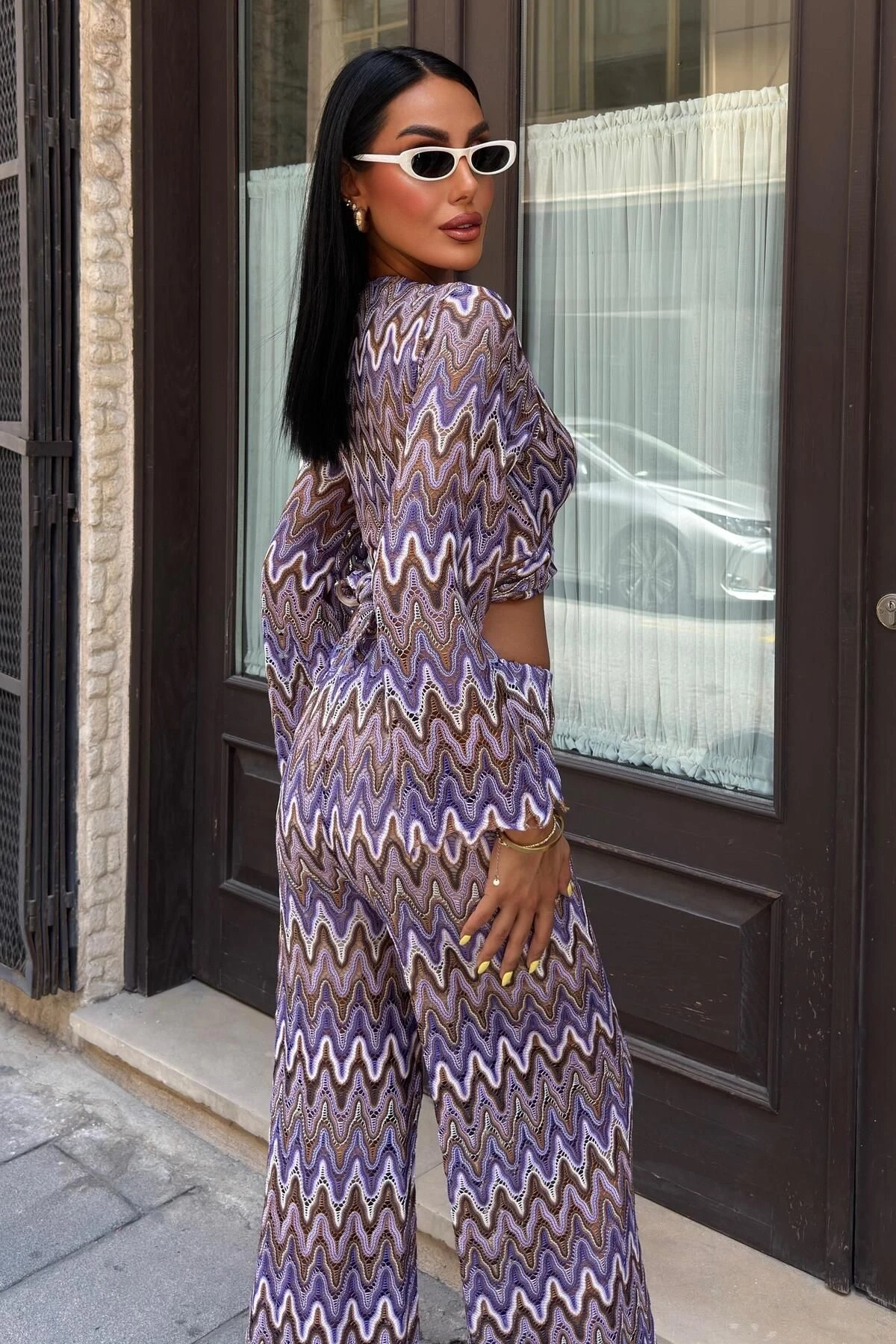 Kadın Lila Desenli Polyester Uzun Kolsuz Takım