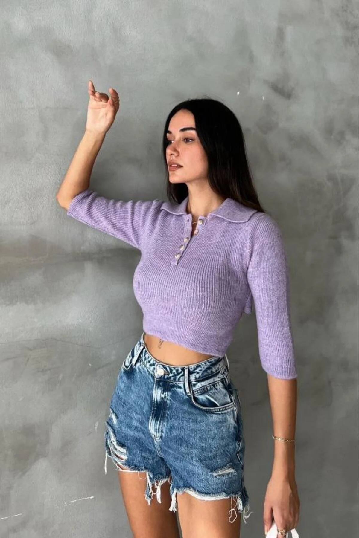 Kadın Lila Pamuk Elastan Triko Gömlek Yaka Crop Kazak