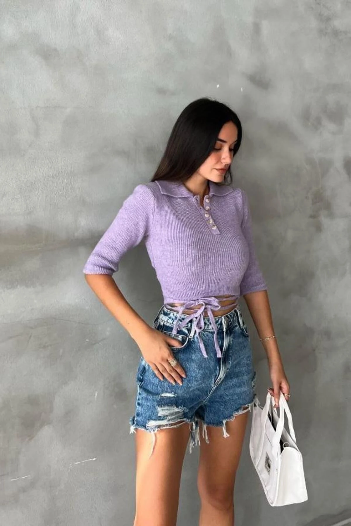 Kadın Lila Pamuk Elastan Triko Gömlek Yaka Crop Kazak