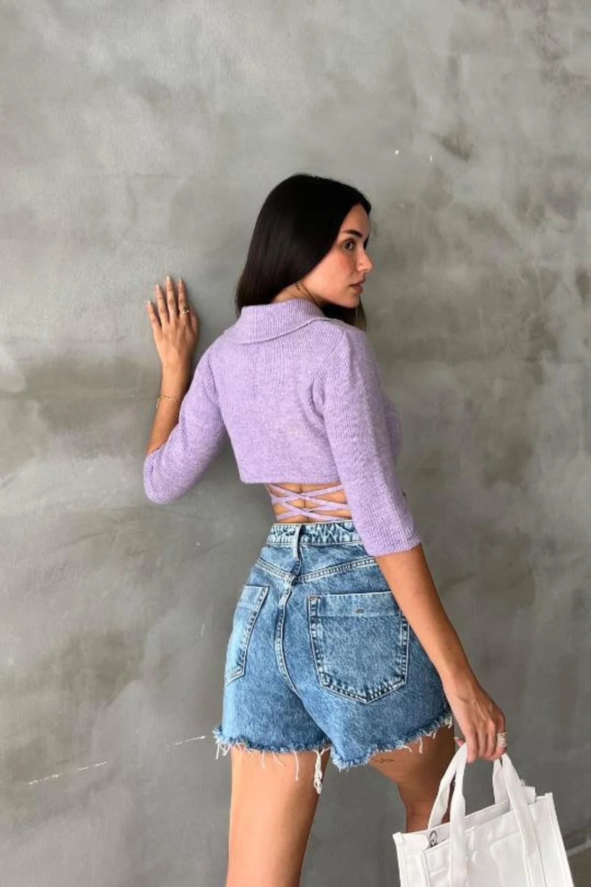 Kadın Lila Pamuk Elastan Triko Gömlek Yaka Crop Kazak