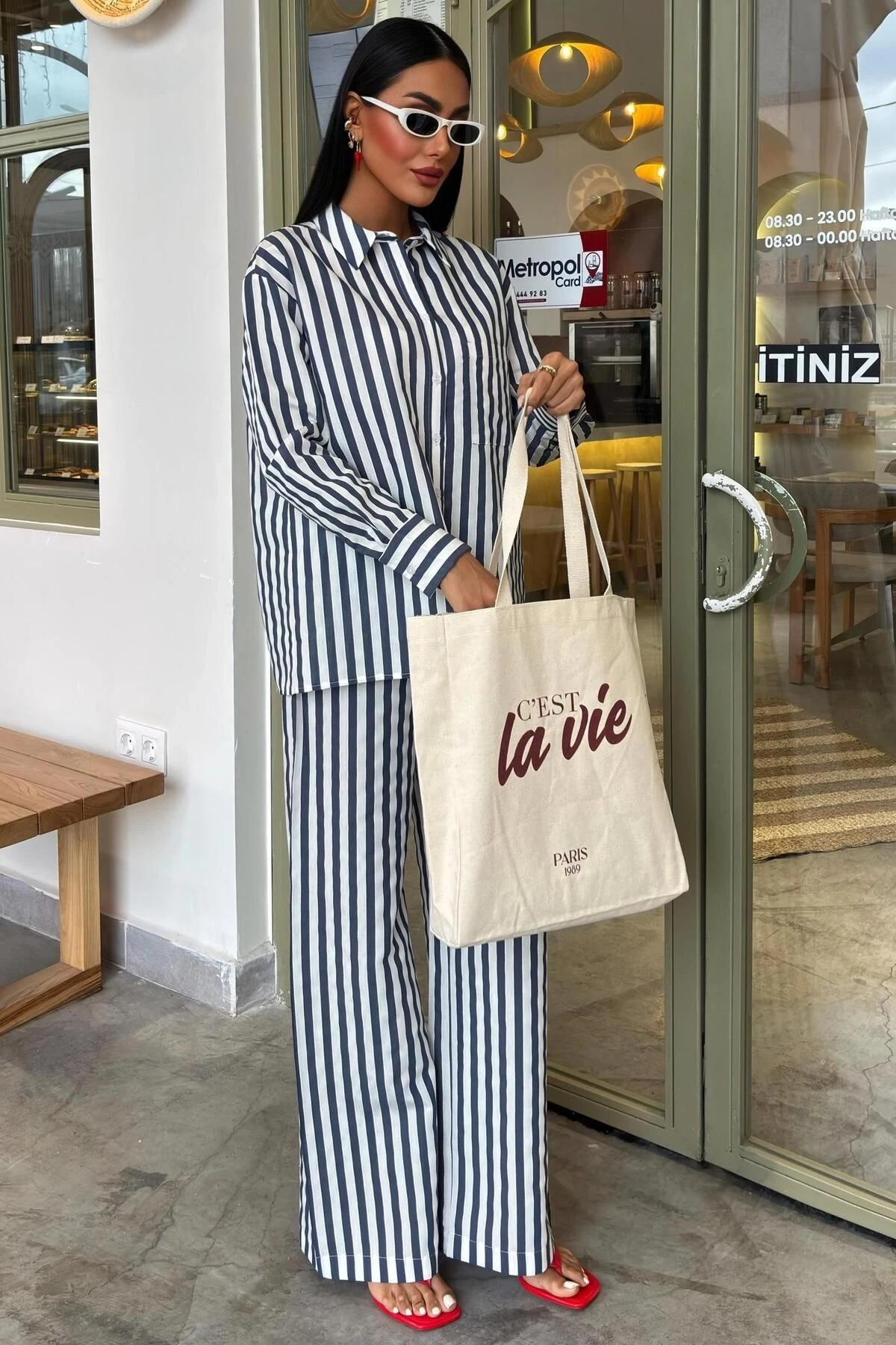 Kadın Mavi Çizgili Oversize Wual Gömlek Takım