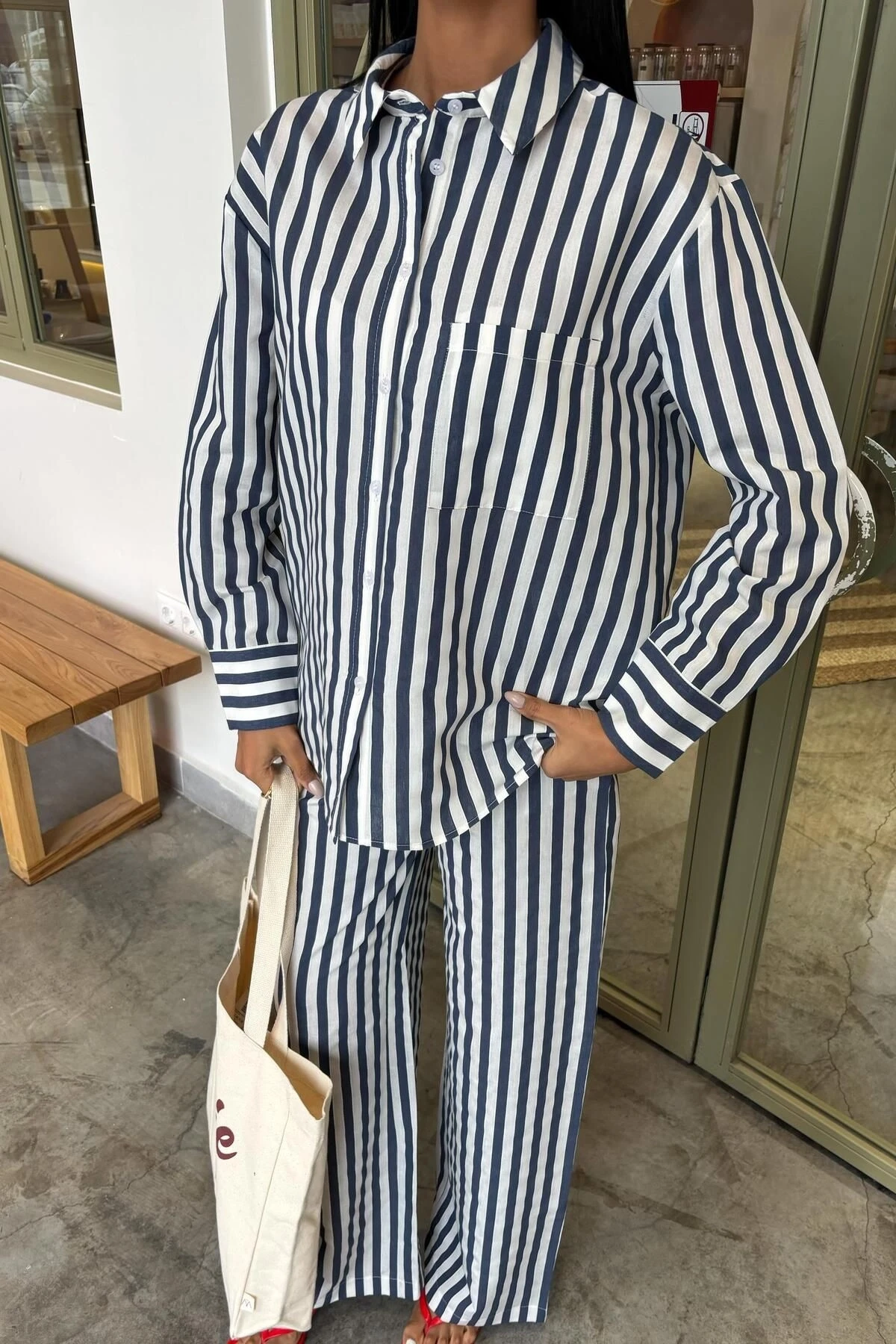 Kadın Mavi Çizgili Oversize Wual Gömlek Takım