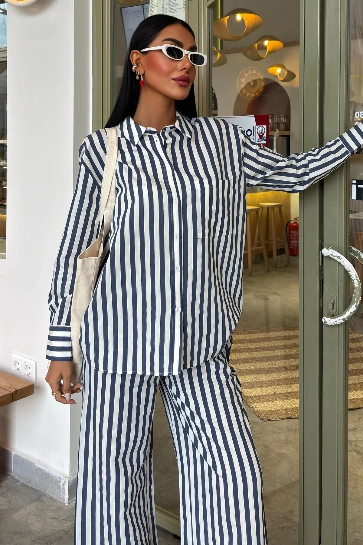 Kadın Mavi Çizgili Oversize Wual Gömlek Takım