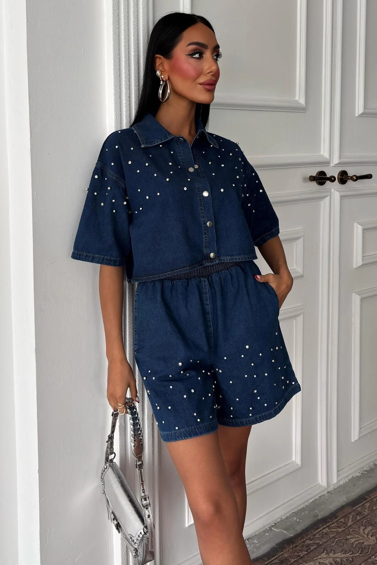 Kadın Mavi Denim Taş Detaylı Kısa İkili Takım