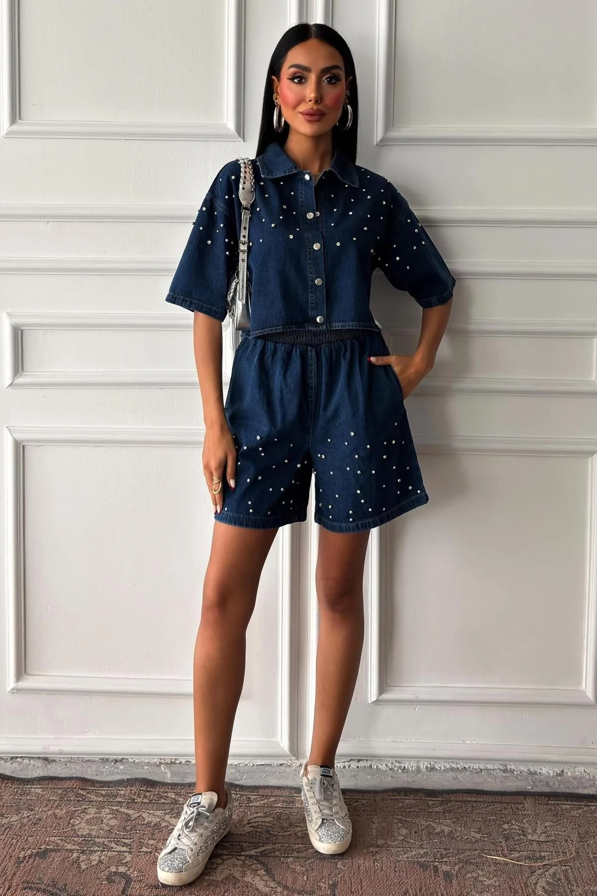 Kadın Mavi Denim Taş Detaylı Kısa İkili Takım