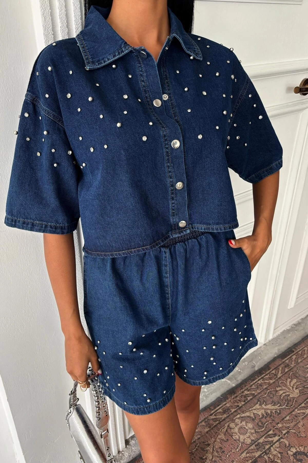 Kadın Mavi Denim Taş Detaylı Kısa İkili Takım