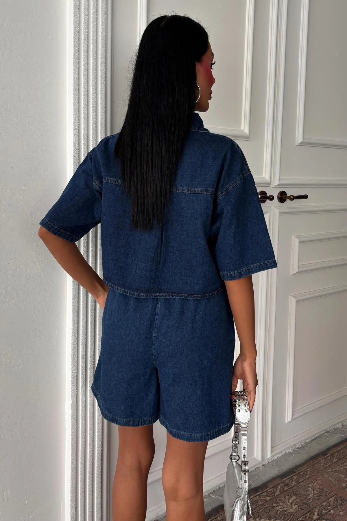 Kadın Mavi Denim Taş Detaylı Kısa İkili Takım