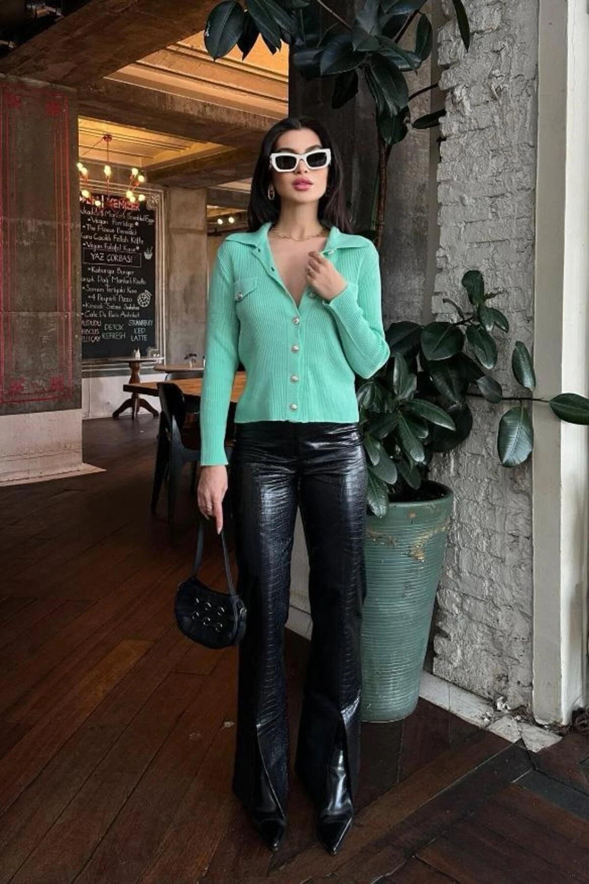 Kadın Mint Akrilik Düz Triko Polo Yaka Hırka