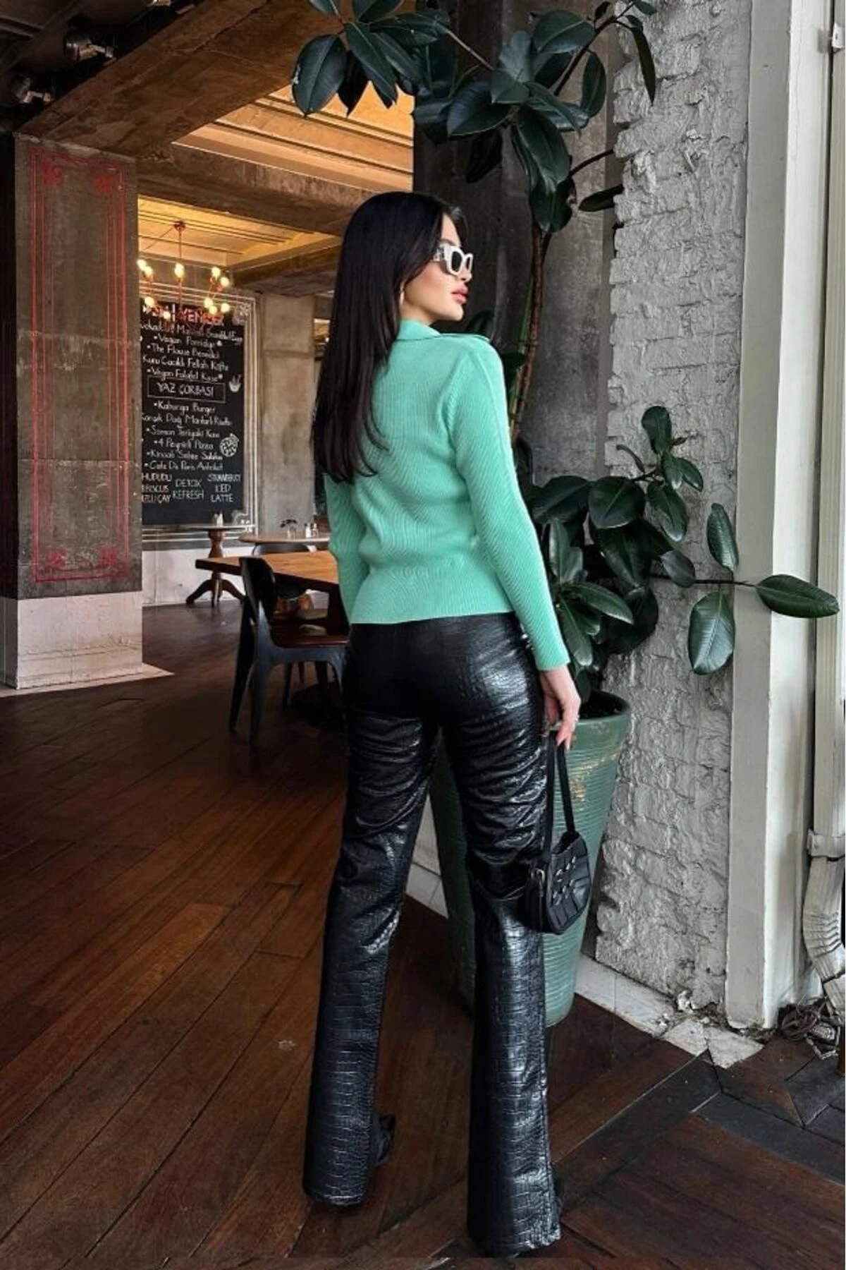 Kadın Mint Akrilik Düz Triko Polo Yaka Hırka