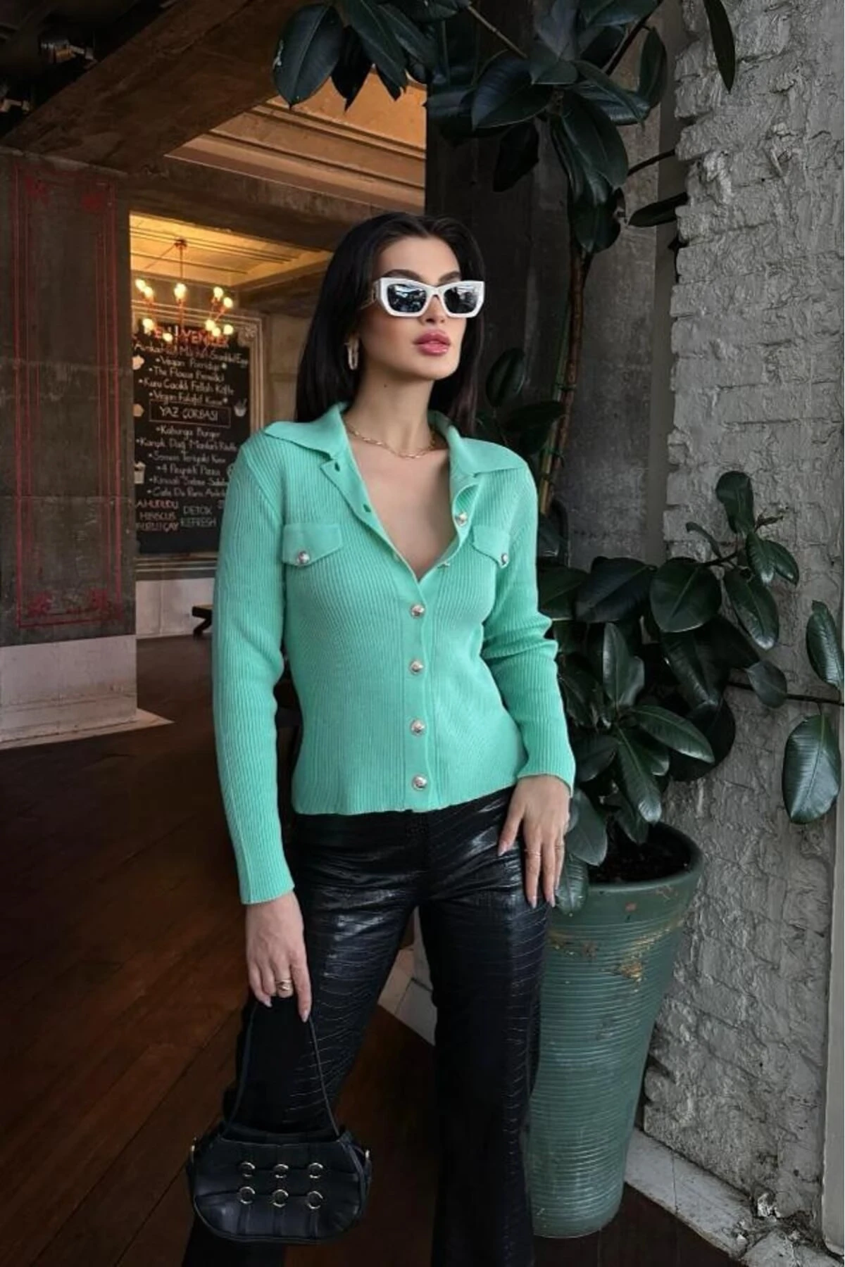 Kadın Mint Akrilik Düz Triko Polo Yaka Hırka