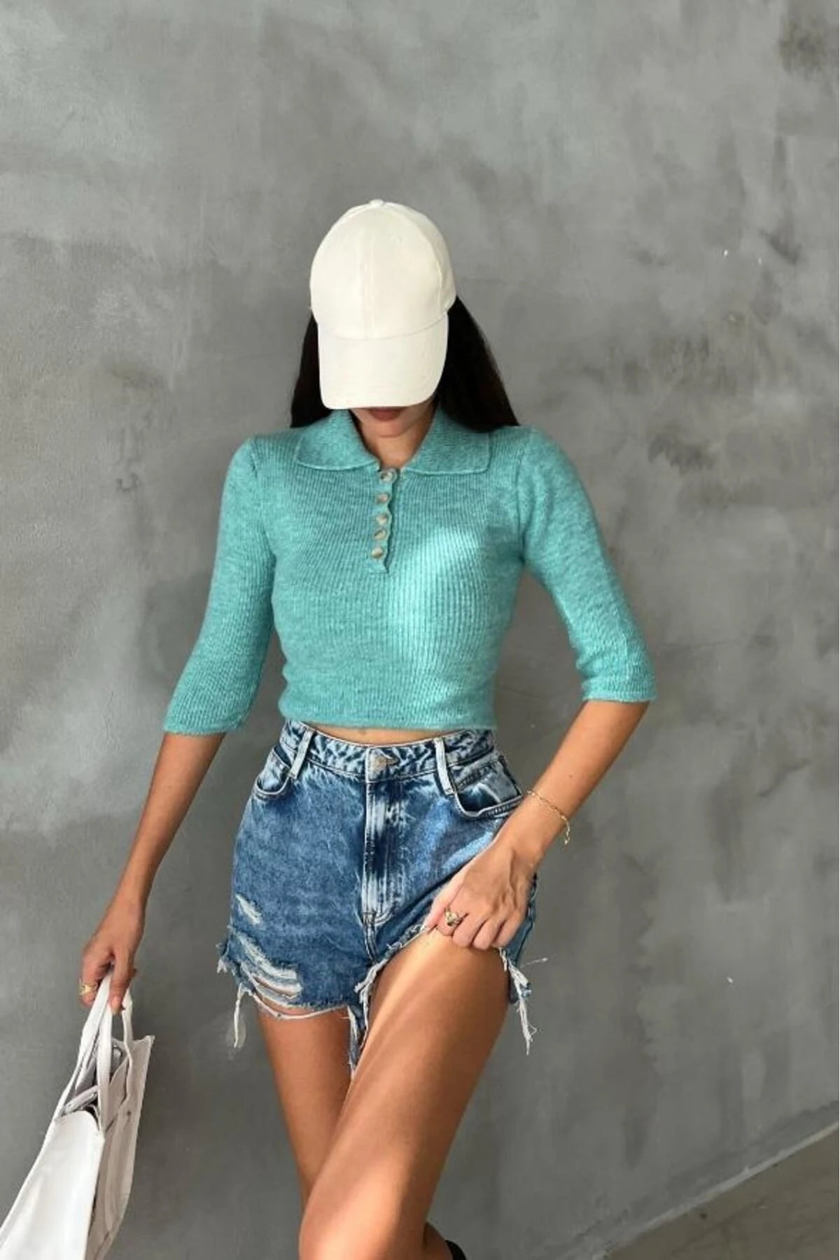 Kadın Mint Triko Pamuk Elastan Crop Kazak